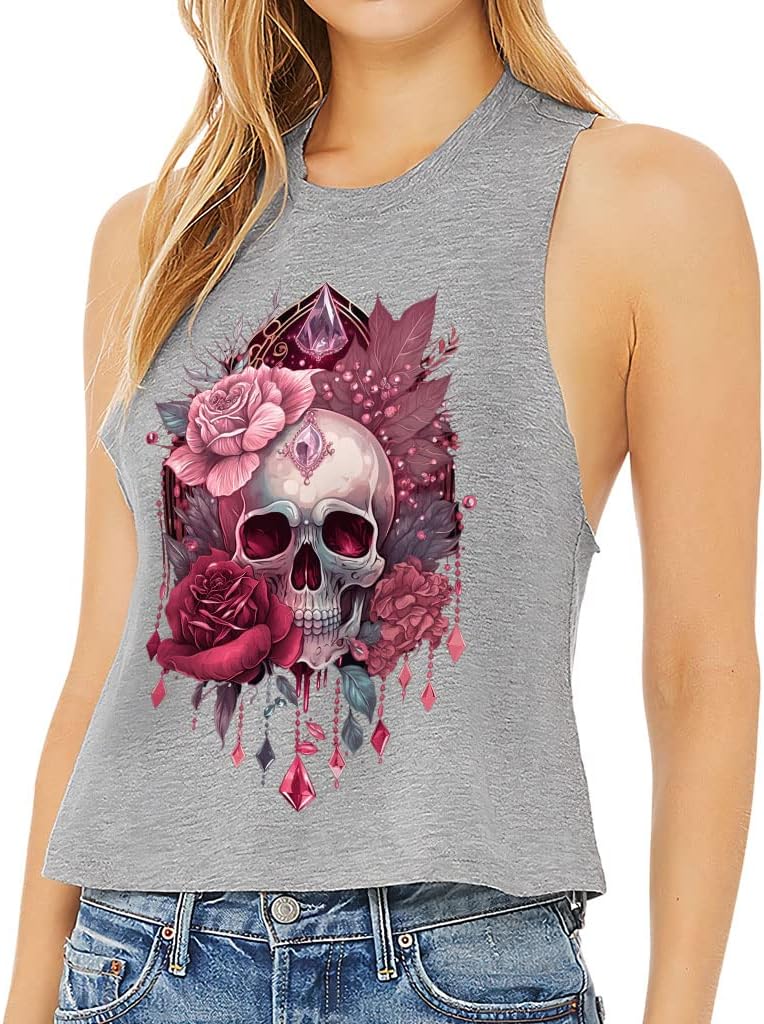 Flower Skull Racerback Cropped Tank - Skull Themed Women's Tank - Themed Tank Top - Athletic Heather, 2XL