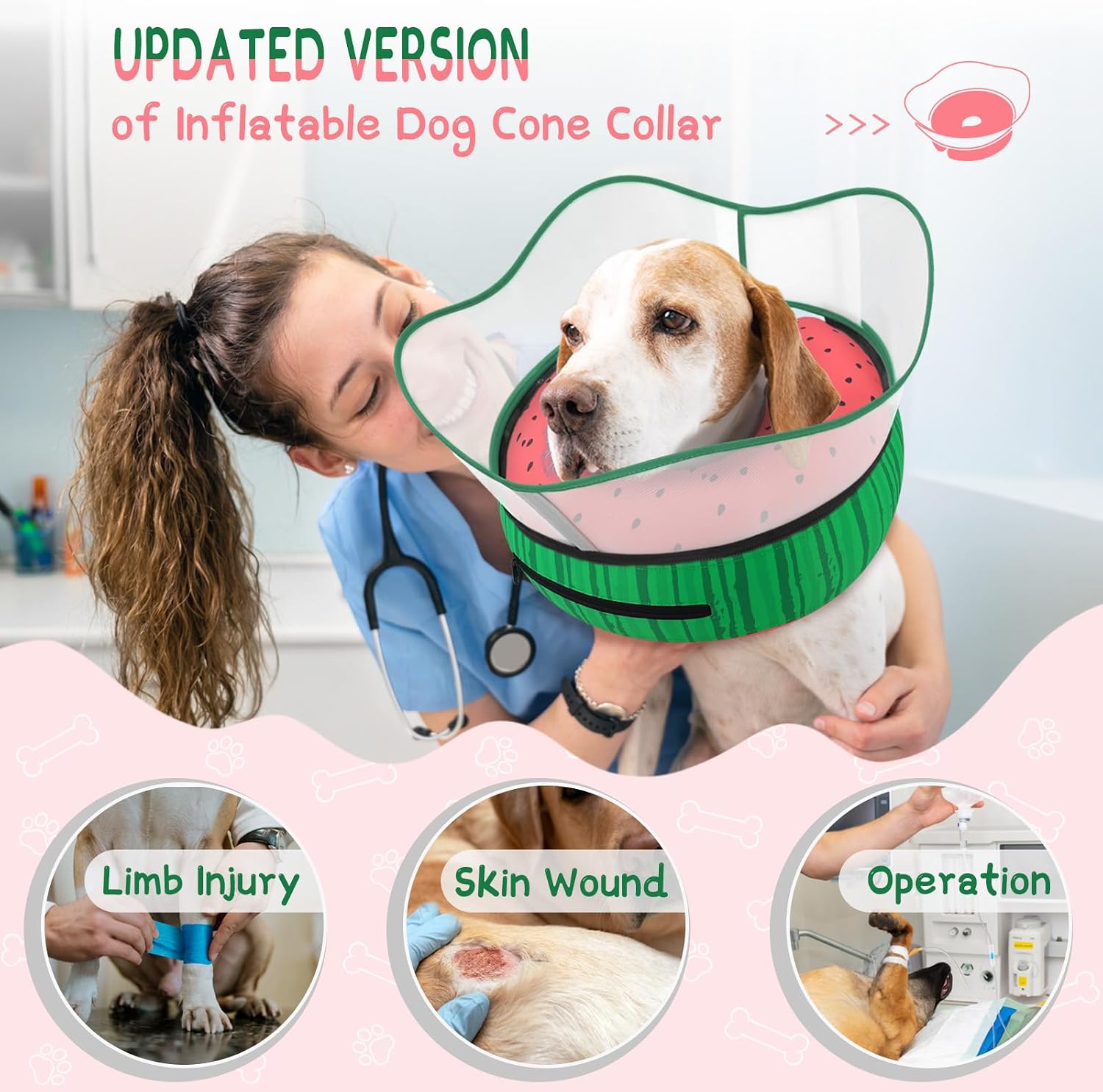 supet raised inflatable dog cone collar to stop licking, soft dog cone alternative after surgery, pet neck donut collar for small medium large dogs watermelon xl(neck 14"-18")