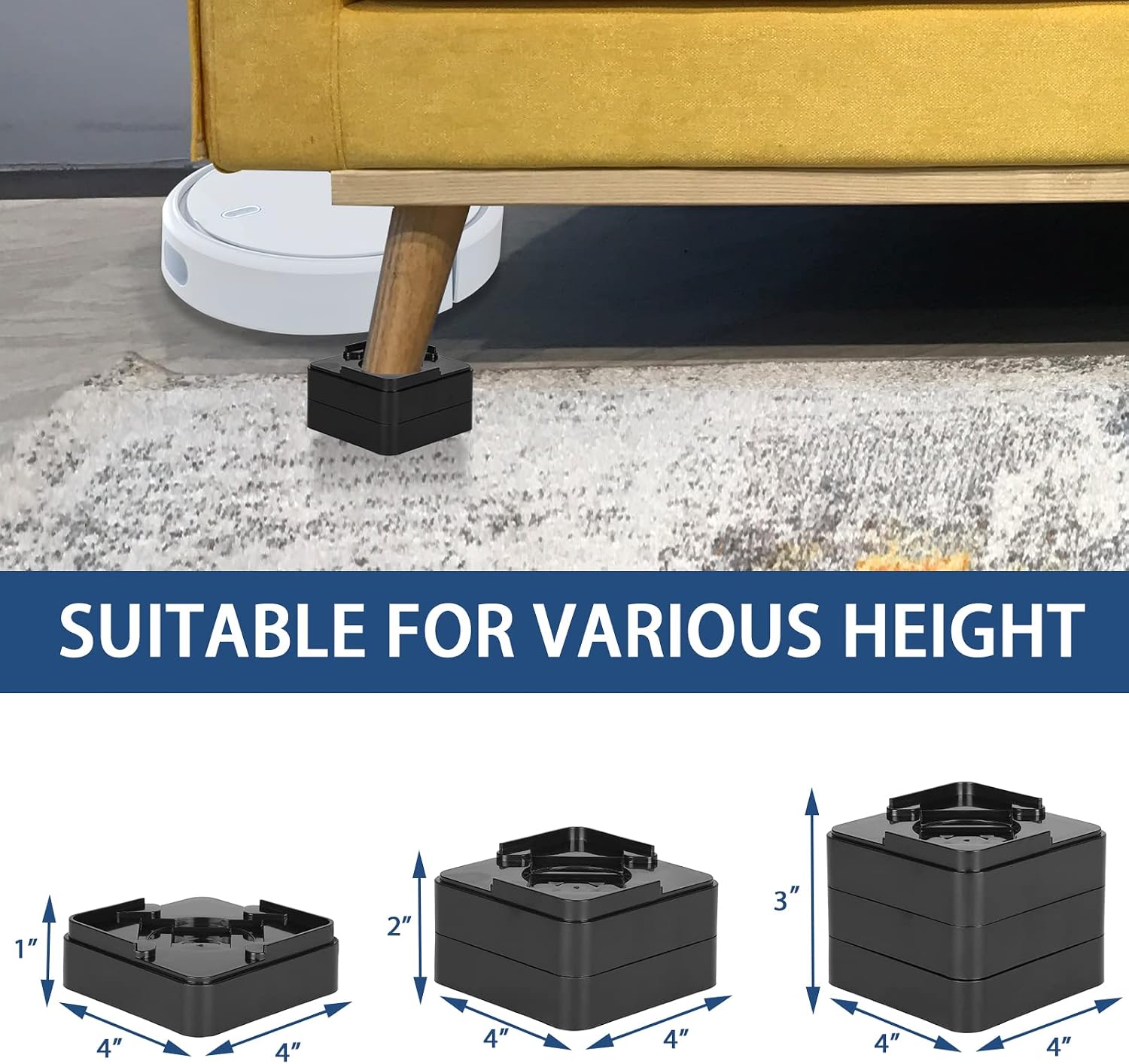 SOCIALCOMFY 8 Pack Square Stackable Bed Risers in Heights of 1, 2, 3, 4 Inch Heavy Duty Non-Slip Furniture Riser for Bed, Desk, Couch, Chair and Sofa ( 1 Inch/Each, Black )