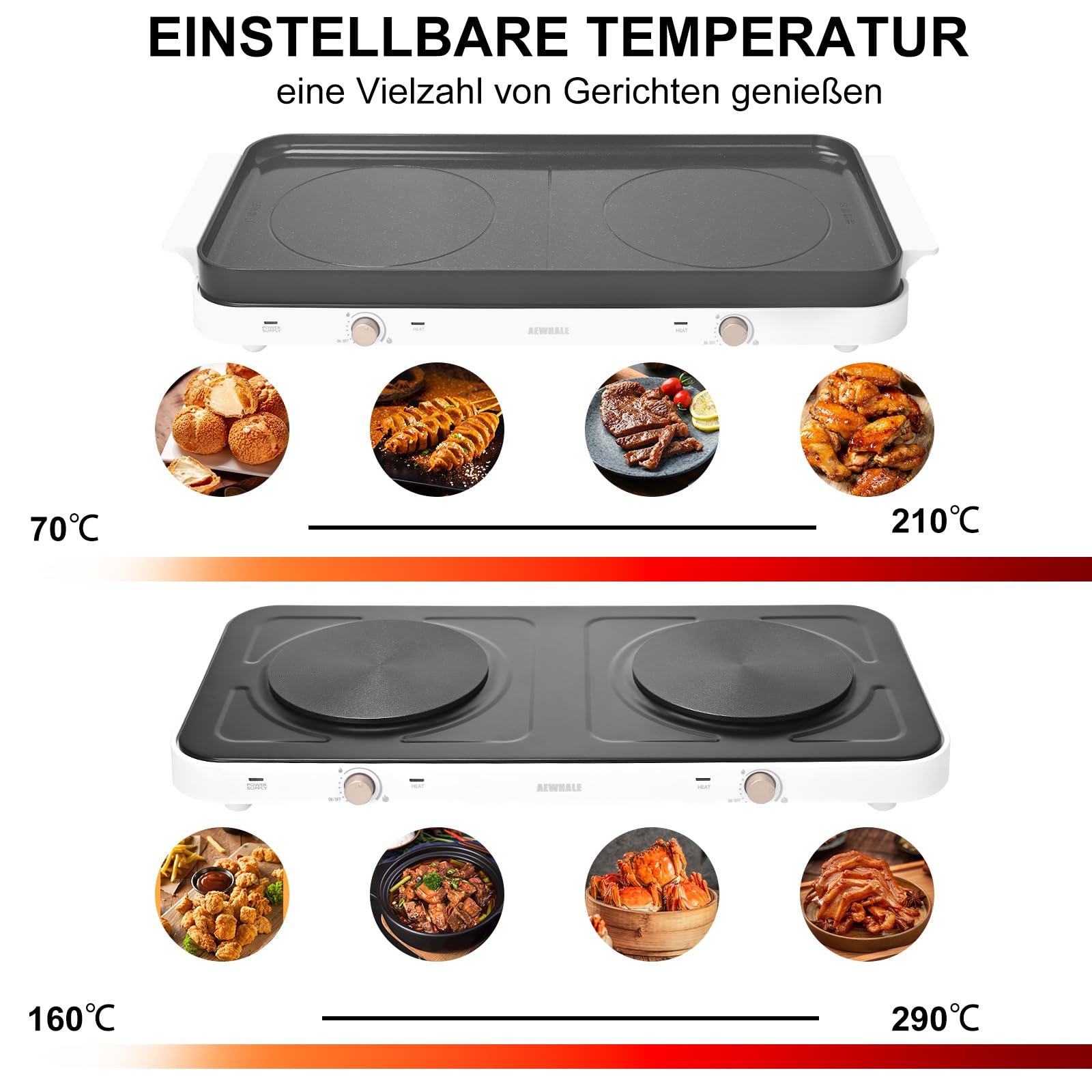 AEWHALE Kochplatten 2er Elektrisch mit abnehmbarer keramischer Griddle-Pfanne Antihaft, 1000W+1000W, Schwarz