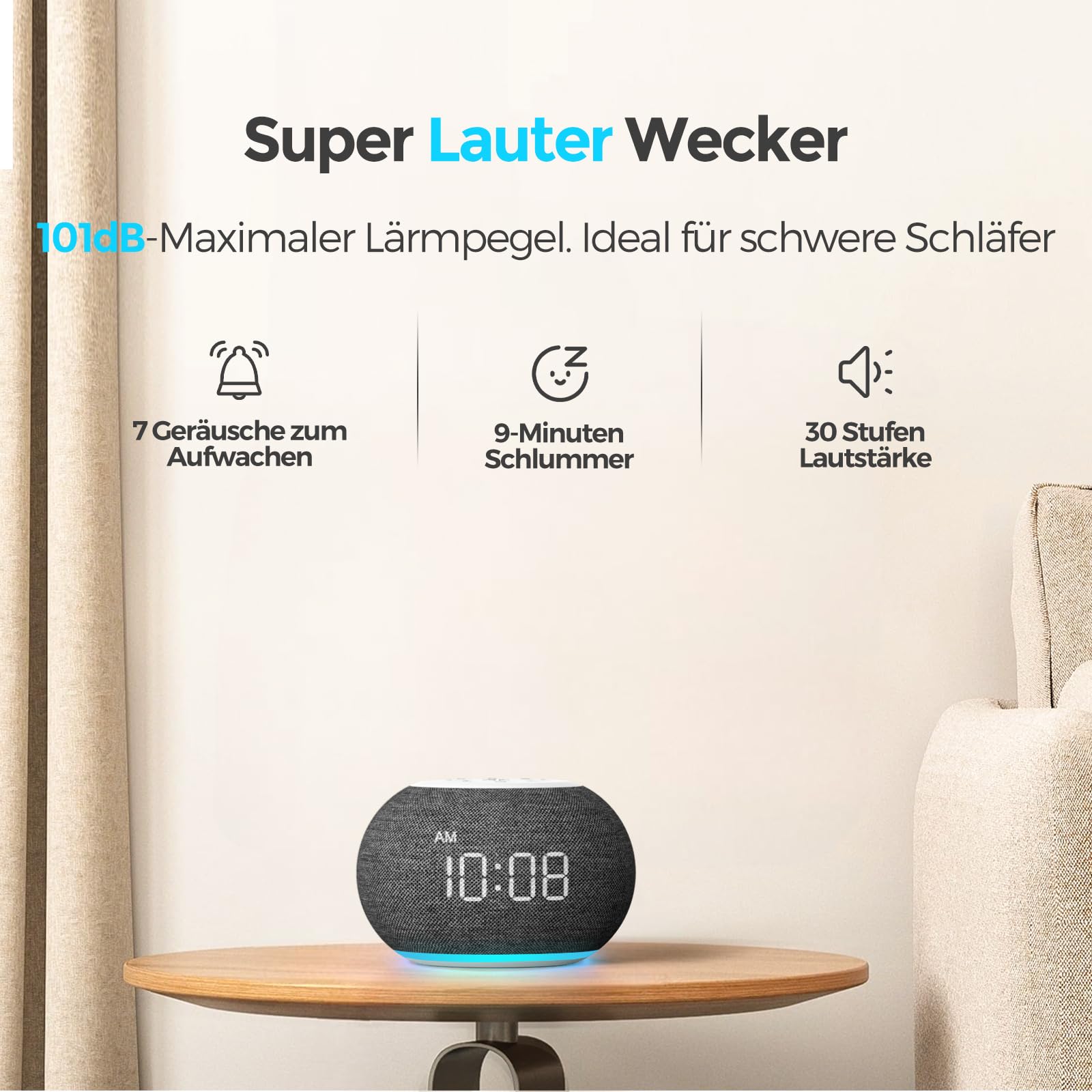 Reacher Réveil Radio à Gradation Automatique pour la Chambre - Veilleuse 9 Couleurs, gradateur 0-100%, 7 sonneries d'alarme, Radio FM, minuterie d'arrêt Automatique