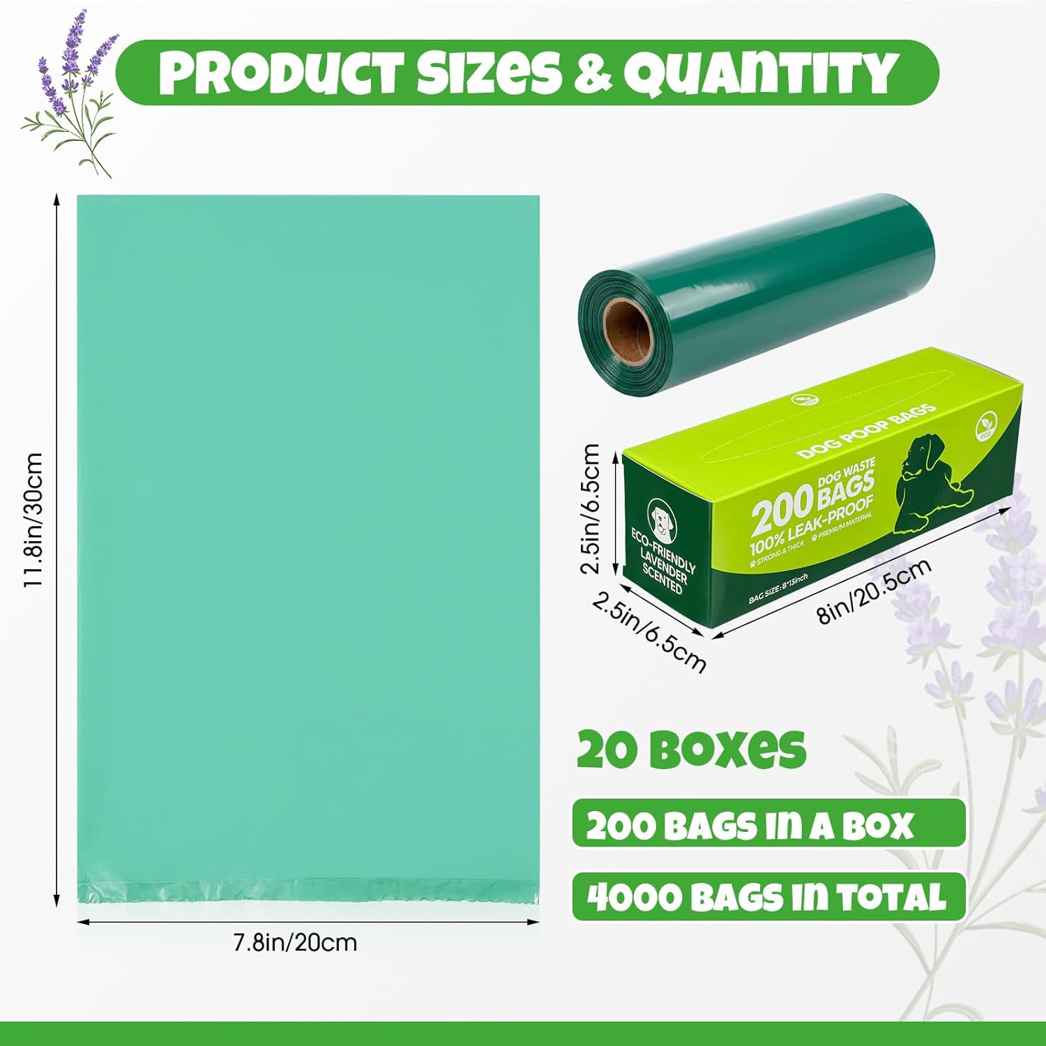 Sherr 20 Boxed Rolls 4000 Counts Lavender Scented Dog Poop Bag Bulk Leak Proof Dog Waste Bags Doggy Poop Bags Pet Waste Bag for Puppy Pets Outdoor Walking and Travel
