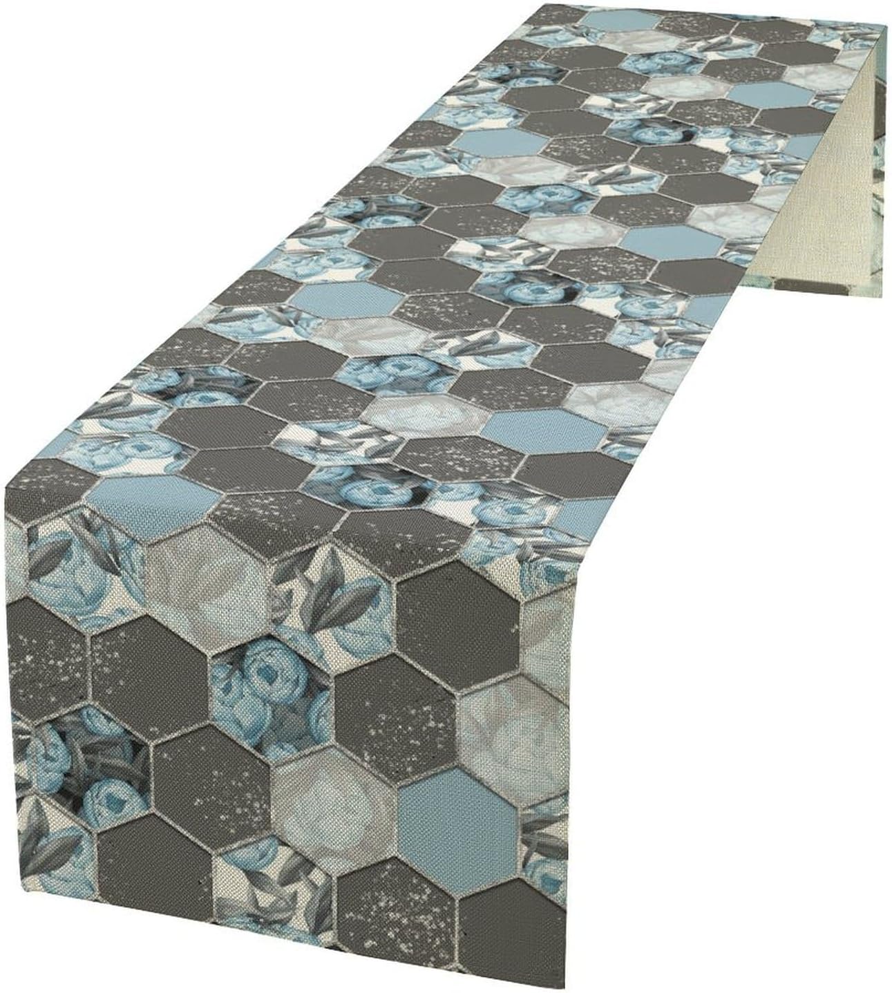 Grey Blue Marble Table Runner,Flowers Honeycomb Nest Geometric Square Textured Home Dinning Decoration for Farmhouse Cafe Cabin Indoor Outdoor Kitchen Holiday Party Wedding Decor 13×120in