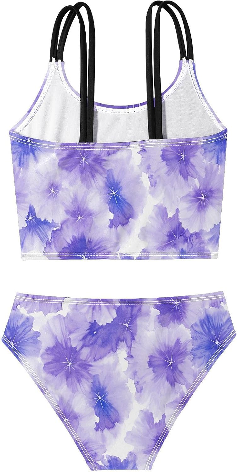 visesunny Girls Two Piece Swimsuits Purple Ink Flower Graphic Girl's Bikini Sets Bathing Suits for Girls Size 5-12Y