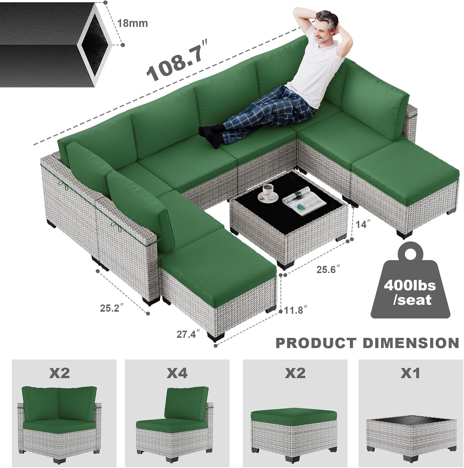 9-Piece Patio Furniture Set, Outdoor with Ottomans, Modular Patio Sofa, Dual-Strand Wicker Rattan, Rust-Resistant Frame, Backyard Furniture for Garden, Deck, Dark Green