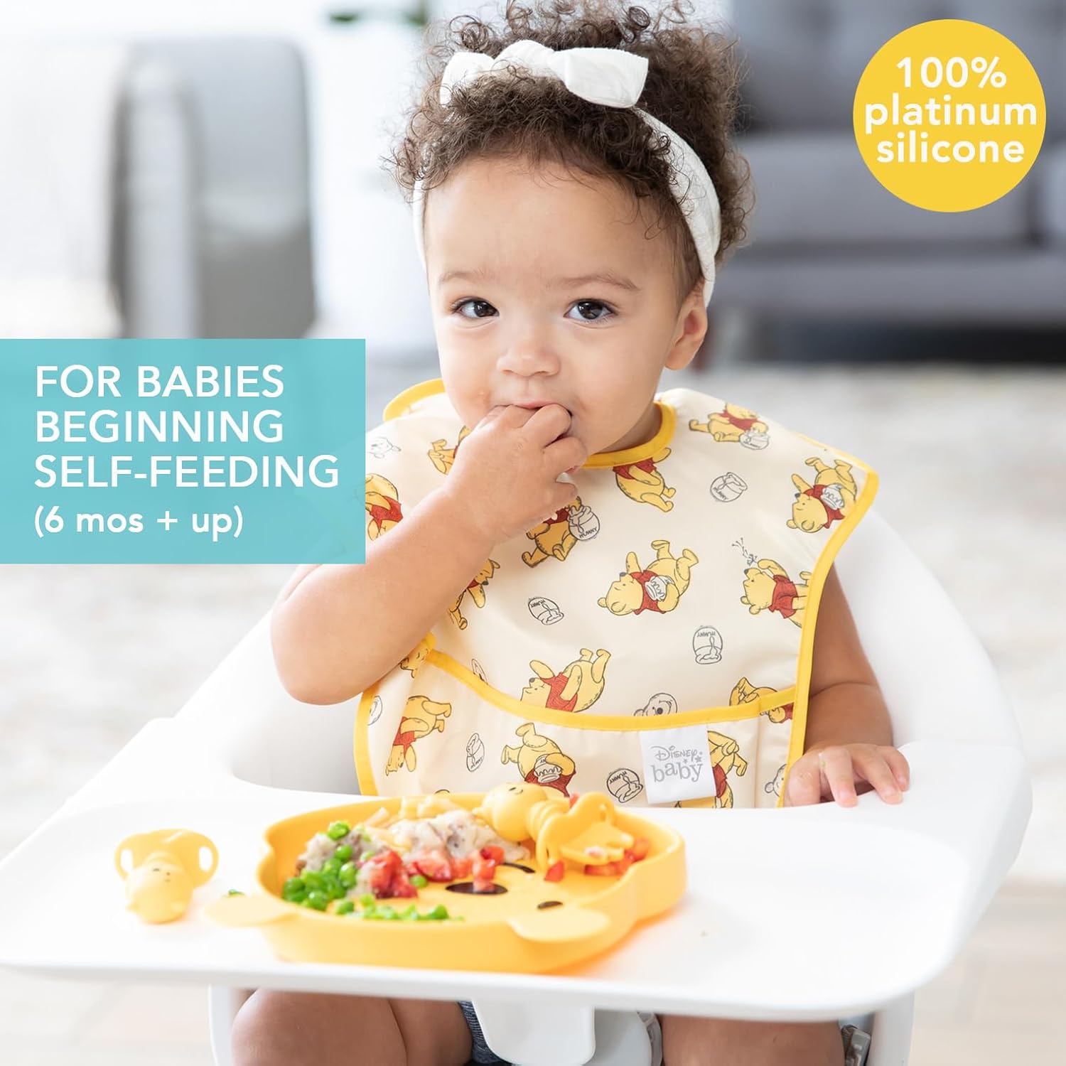 Bumkins Disney Winnie the Pooh - Silicone Grip Dish, Training Chewtensils - For Ages 6 Months+ - Suction Base - 100% Food-Safe Silicone - Oven, Microwave, Freezer, & Dishwasher Safe