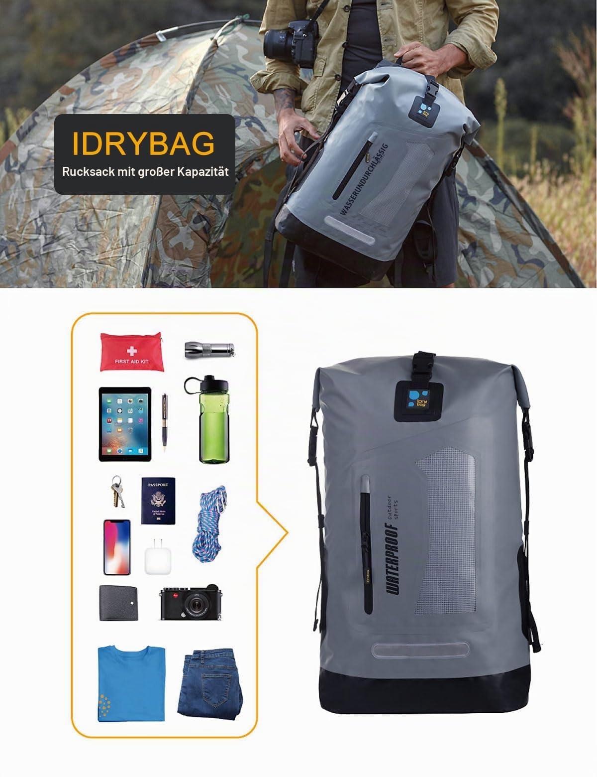 IDRYBAG Wasserdichter Rucksack Dry Bag 20L/30L/40L, schwimmender trockener Rucksack wasserdicht für Männer, Trockensack wasserdichte Tasche für Rucksackreisen, Kajak