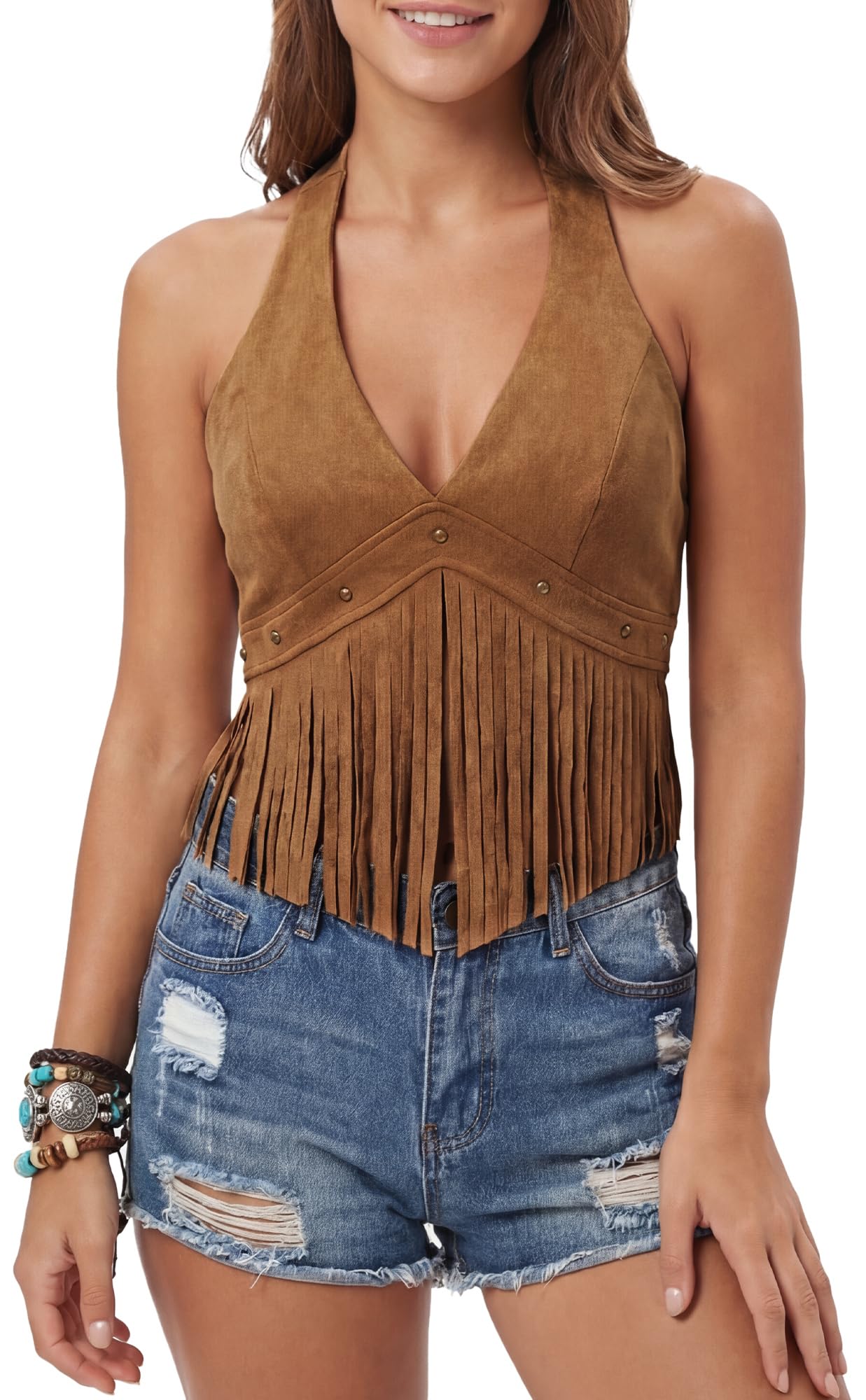 Maeau Haut court sexy en daim synthétique pour femme - Style western Y2K - Années 70 - Franges - Débardeur d'été court à pompons - Sans manches - XS à L