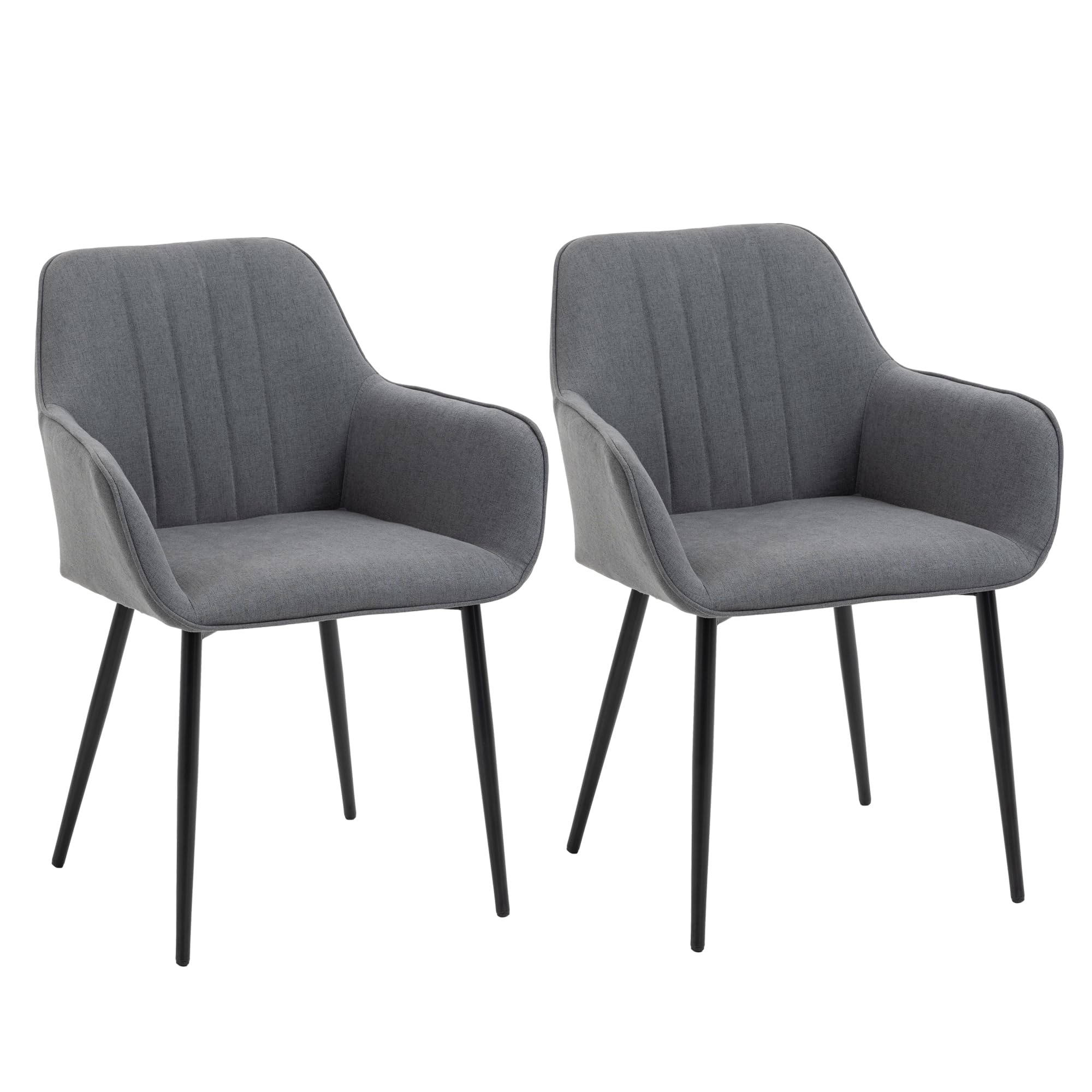 HOMCOM Pack de 2 Sillas de Comedor Sillas Decorativas Tapizadas en Lino Sillas de Cocina con Respaldo Reposabrazos y Patas de Metal para Salón 59,5x56,5x81 cm Gris Oscuro