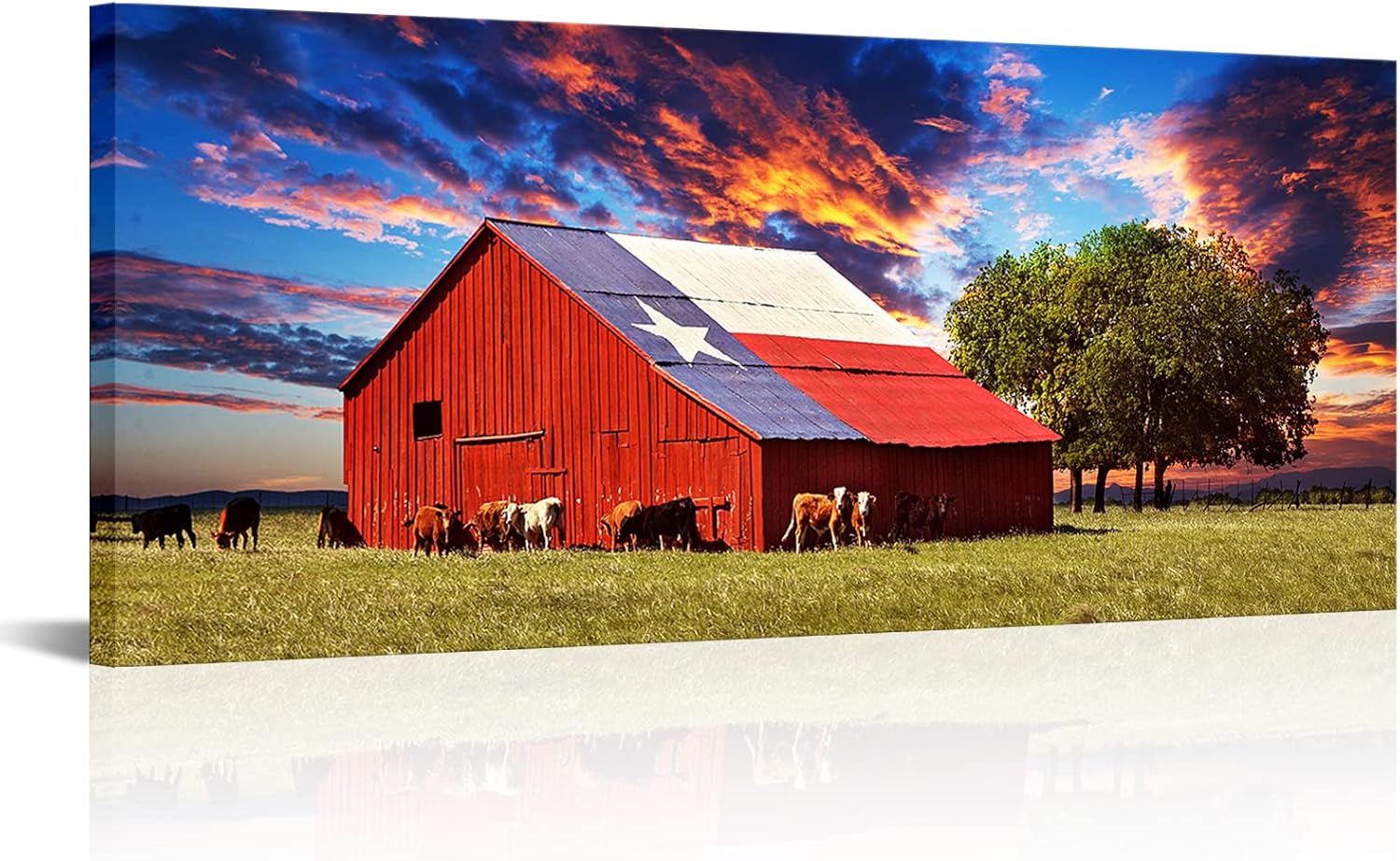 Conipit Texas Landscape Canvas Wall Art Red Barn Pictures Grassland Cows Rural Farm Field Artwork Rustic Home Decor Framed 20''x48''