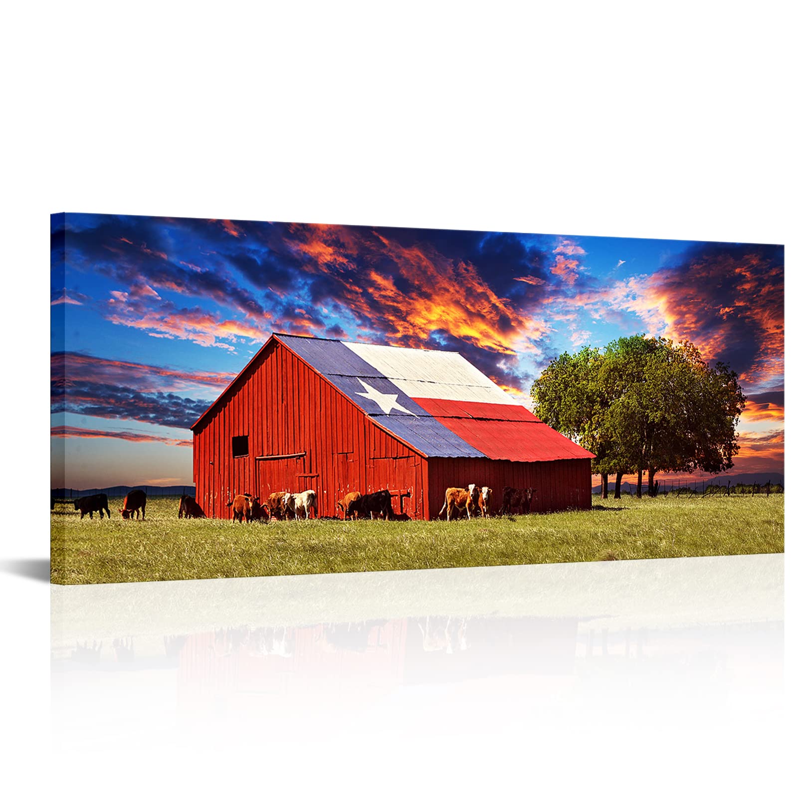 Texas Landscape Canvas Wall Art Red Barn Pictures Grassland Cows Rural Farm Field Artwork Rustic Home Decor Framed 20''x48''