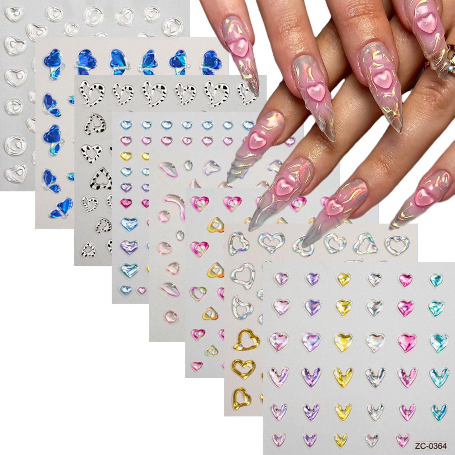 8 Sheets Nail Stickers Heart Nail Art Stickers 5D Charms Relief Cute Gold Silvery Love Design Nail Supplies for Women Valentines Nails DIY Manicure