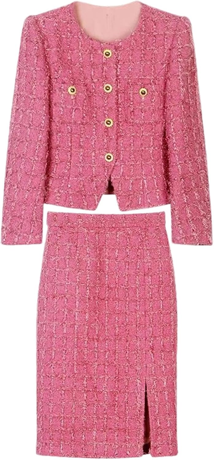 Women's Plaid O-Neck Full Sleeve Single Breasted Fashion Jacket and Skirt Two-Piece Casual Suit with Button