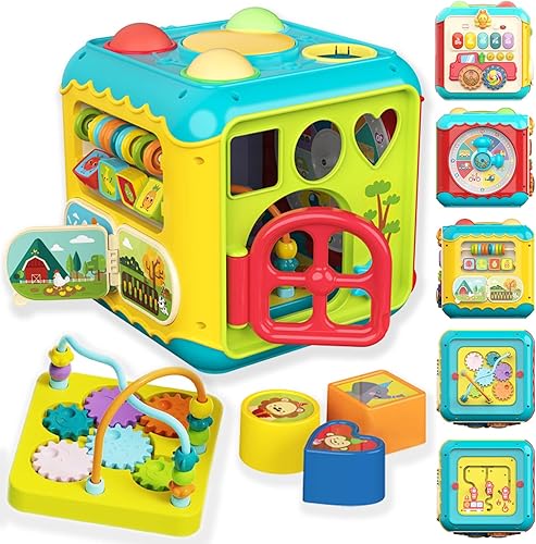 qesfir Cubo de actividades para niños pequeños de 1 a 3 años, 7 en 1, juguetes sensoriales Montessori, cubo de actividades para estudiantes