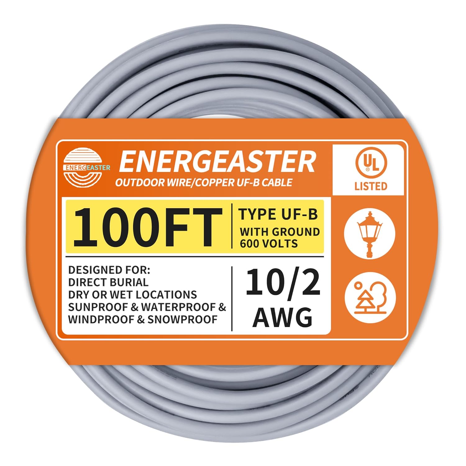 10/2 UF-B Wire 100 FT Pure Copper Direct Burial Cable, Sunlight & Moisture Resistant, Ideal for Outdoor Lighting & Pump Installations & Residential Indoor Electrical Projects