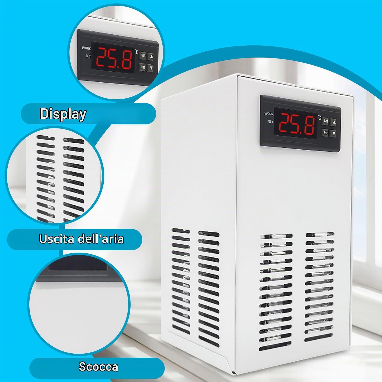 Refrigeratore Acquari, Raffreddatore d'Acqua da 35L Silenzioso 10-40°C Refrigeratore in-Line con Pompa e Tubazioni Raffreddatore da 120W 220V per Acquari Smart