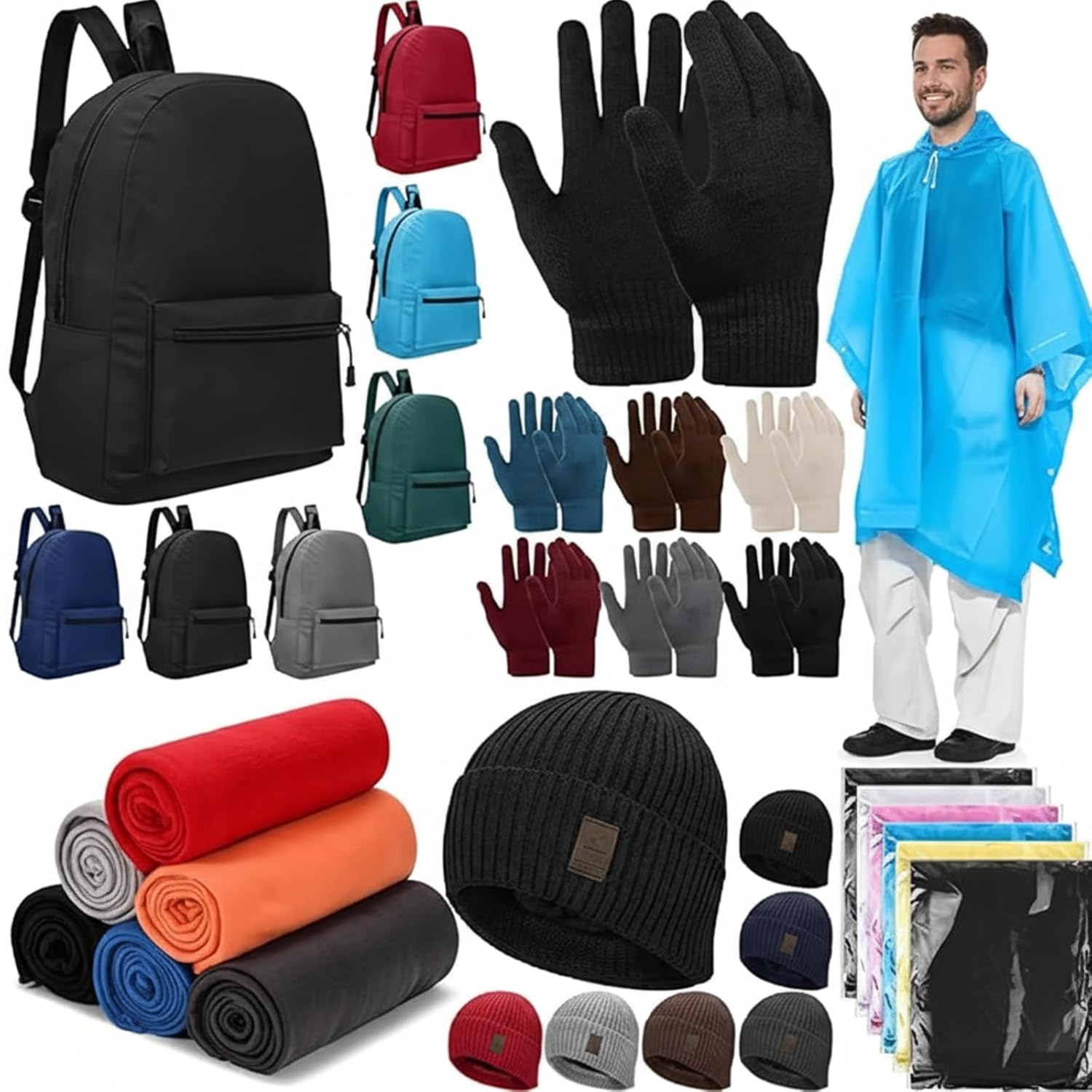 Macarrie 36 Pcs Homeless Care Package Supplies Bulk Winter Beanie Hats Gloves Warm Double Sided Fleece Blankets Adult Raincoat Backpacks Bags for Winter Woman Men Homeless Donating Warm Survival Gift