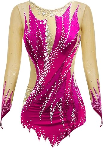 Women and Youths Rhythmic Gymnastics Leotards for Competition, Long Sleeves Gymnastics Wear with Rhinestones