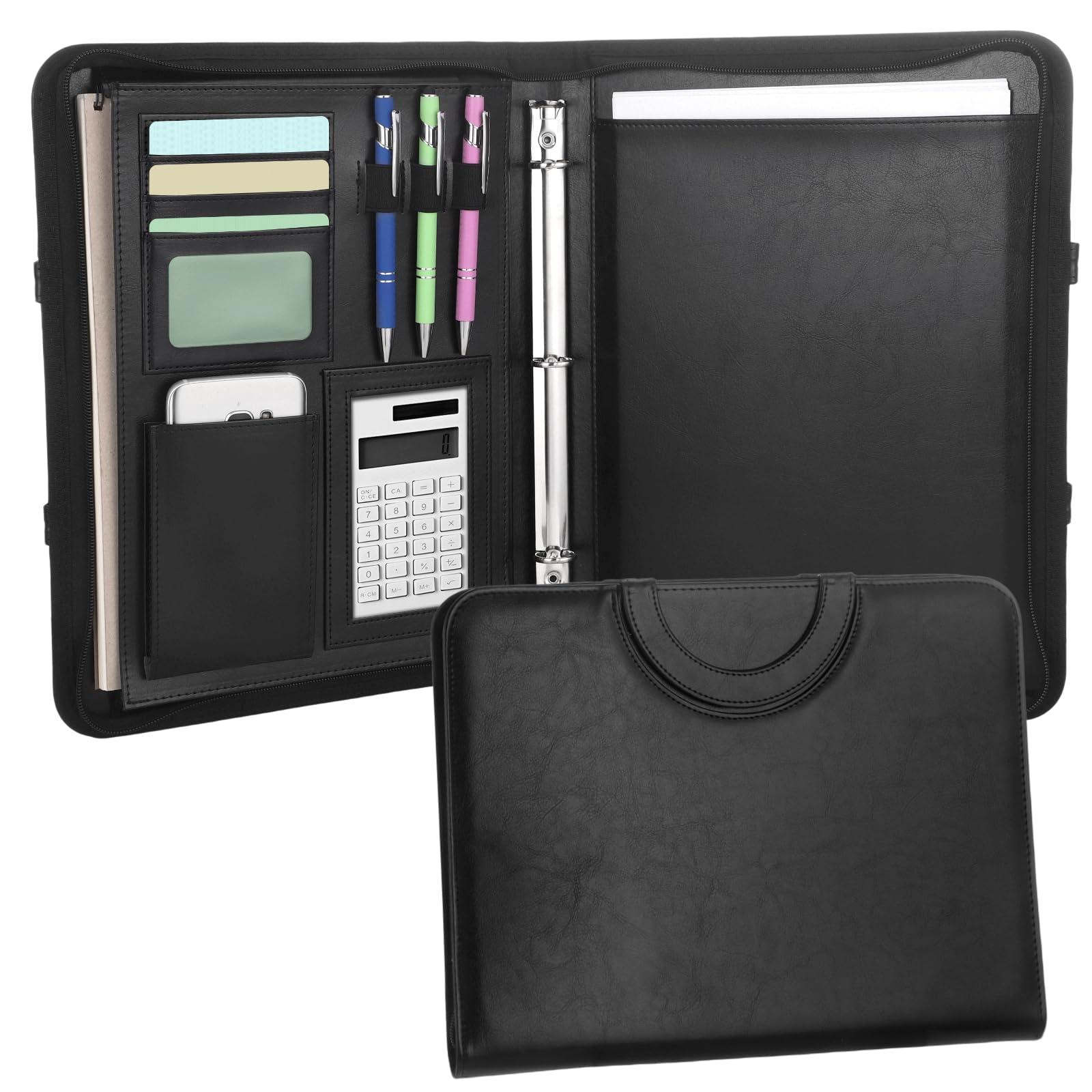 Organiseur padfolio en cuir PU avec fermeture zippée, classeur à 3 anneaux, porte-documents A4, emplacements pour cartes et stylo, poche pour calculatrice, pour entretiens et réunions