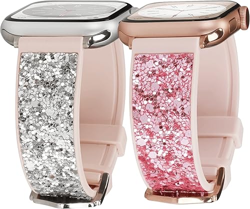 iiteeology - Paquete de 2 correas de silicona con purpurina compatibles con Apple Watch de 49451.732 in, 411.575 in, correa de silicona con
