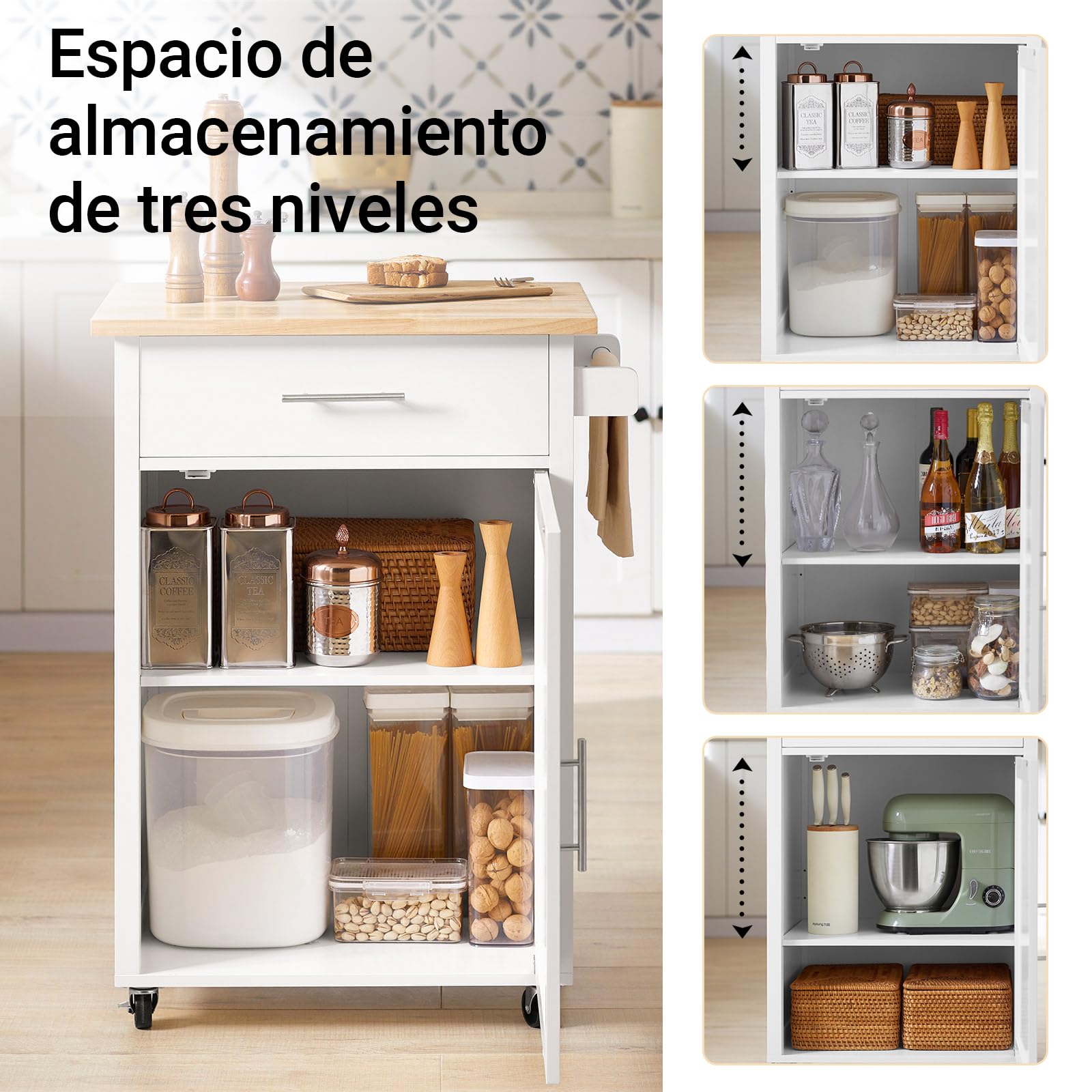 SoBuy Carrito Auxiliar con Ruedas Mueble Auxiliar de Cocina Carrito Cocina con cajón y Puerta Mesa Auxiliar Cocina Blanco-Naturale 68x46x90 cm FKW102-WN