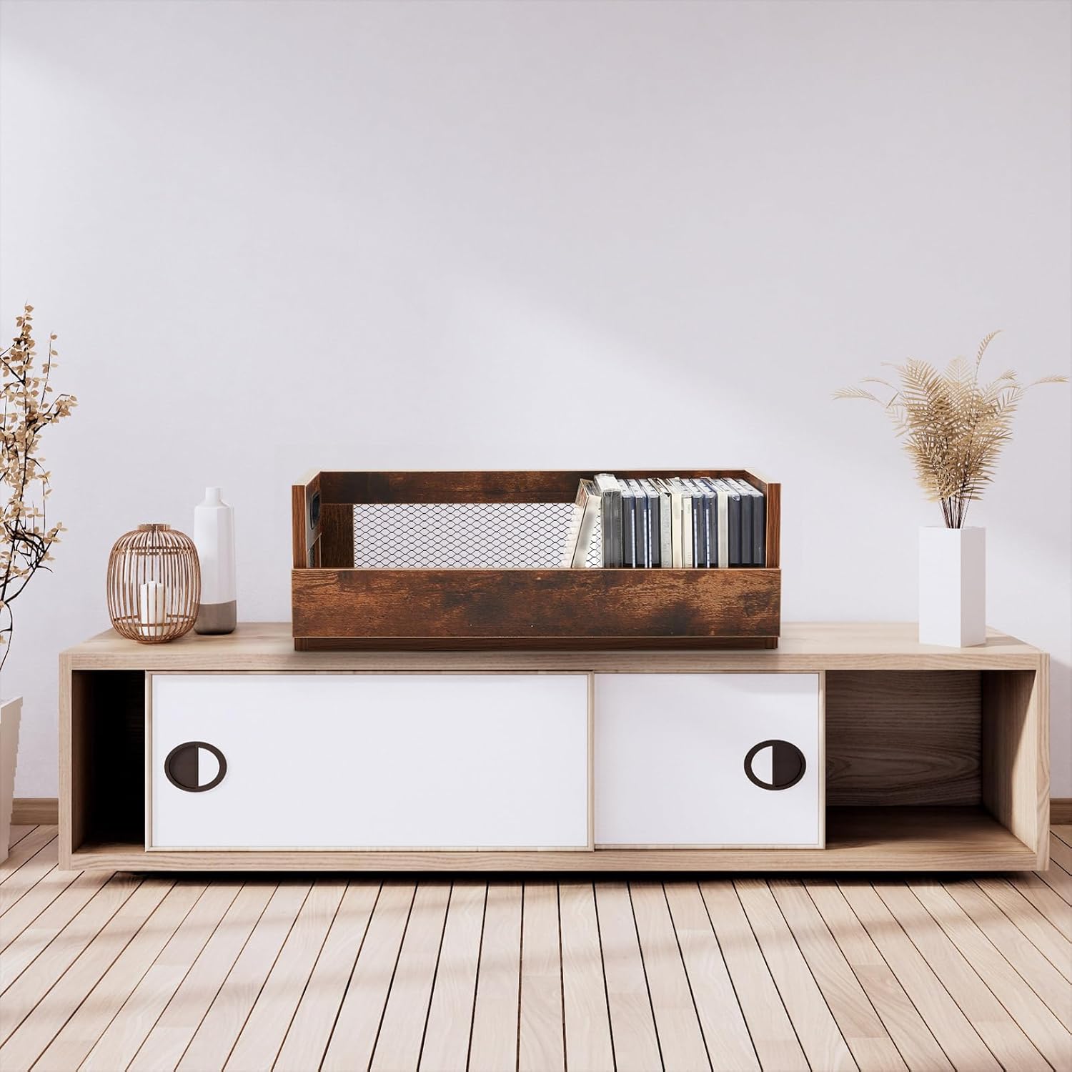 Jetec 1 Set Retro Cd Storage Box Holder Shelf Metal & Wooden Display Racks with Carrying Handles, Cassette Tape Organizer Shelf for Movie Cases, Dvds, Each Set Can Store up to 36 Pcs Cds