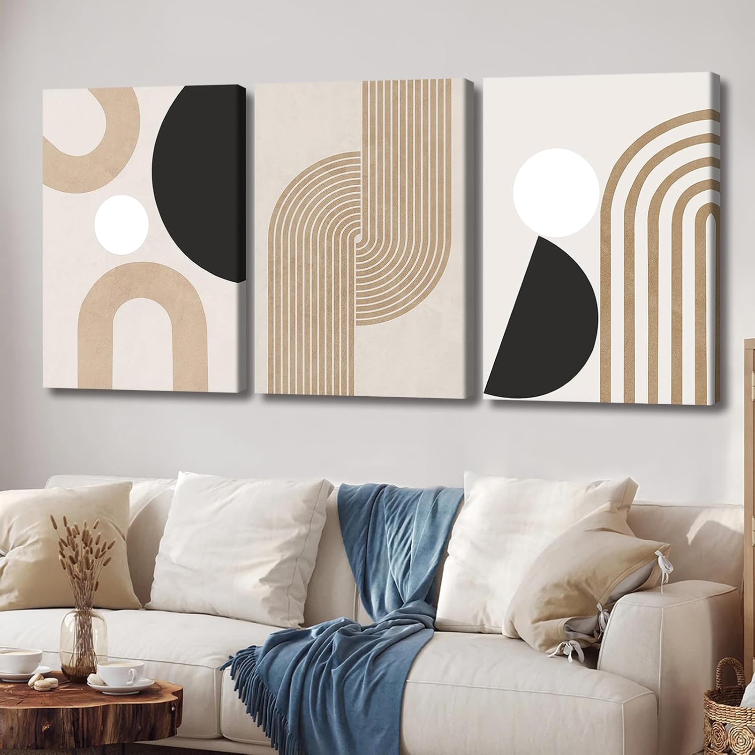 Pennimor 3Pcs Framed Neutral Abstract Canvas Wall Art, 12x16in Geometric Boho Wood Wall Decor, Modern Minimalist Artwork Printing for Living Room Bathroom Bedroom Home Farmhouse Decoration