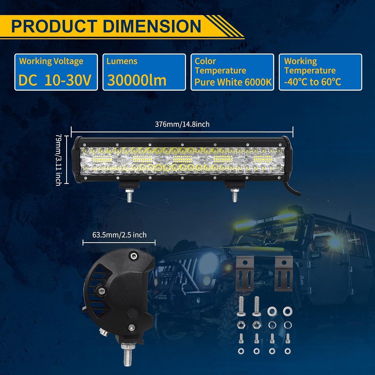 RIGIDON 15Inch 300W Triple Row LED Light Bar, Flood Spot Combo, 30000LM, IP67 Waterproof, Quick Heat Dissipation, Wide Applications