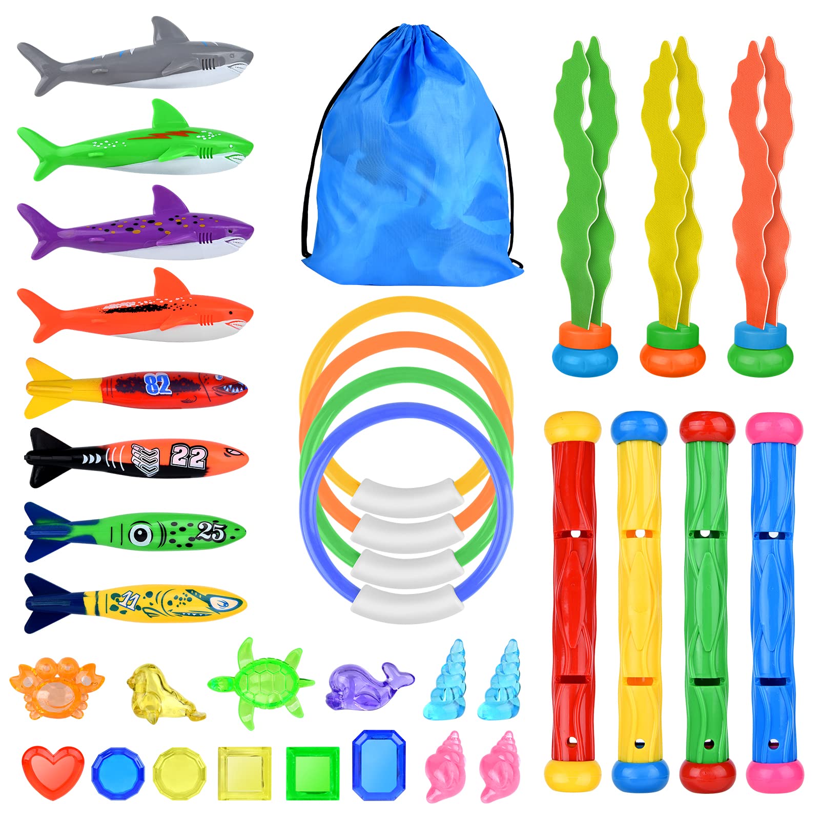 ELECLAND 34 PCS Diving Pool Toys Swimming Pool Toys Underwater Diving Game Kit with Storage Drawstring Bag Summer Toys Gift for Kids