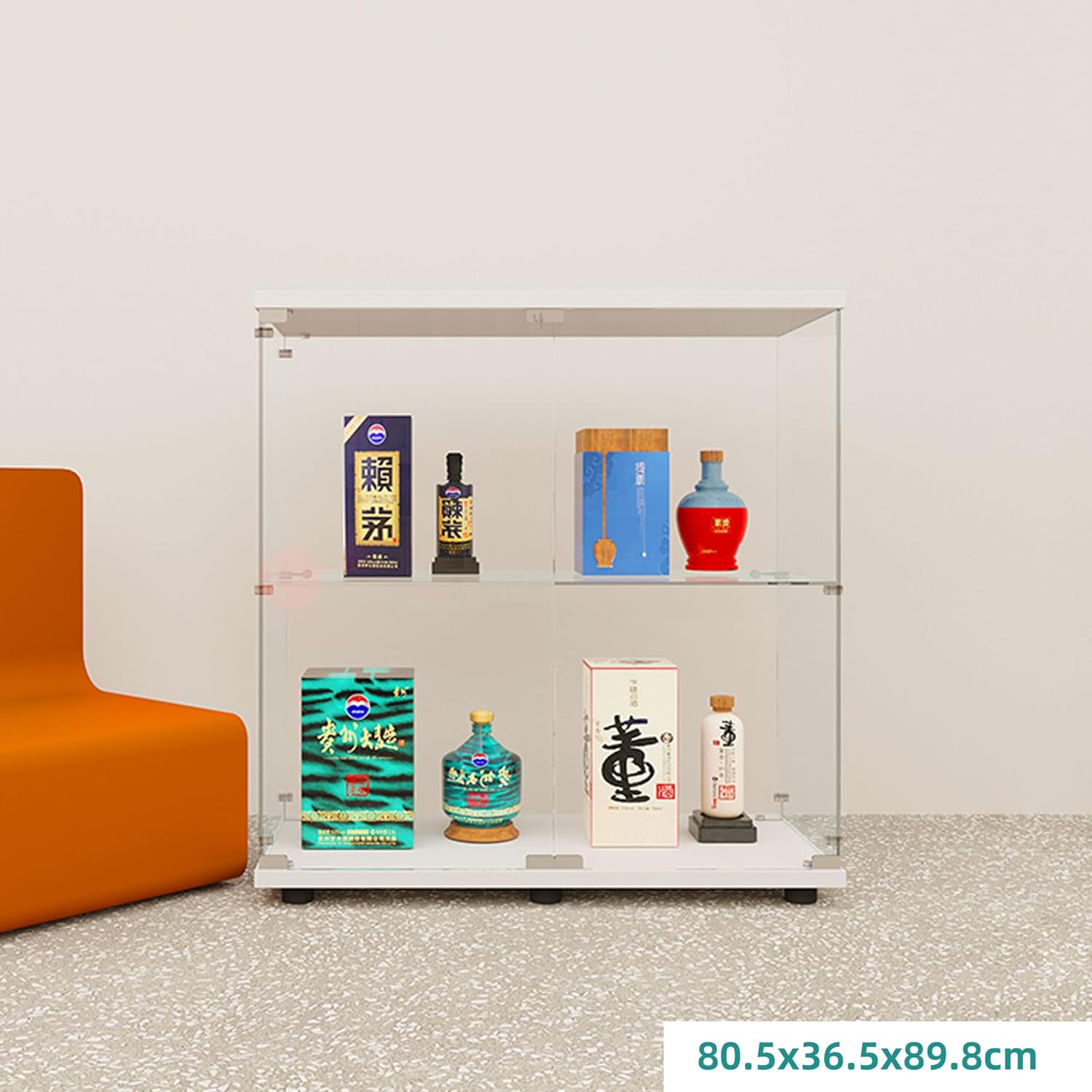 2-Tier Glass Display Cabinet 2 Shelves with Door,Curio Cabinet Collection Display Case,Floor Standing Glass Curio Bookshelf for Living Room Bedroom Office, 35.35” x 31.69”x 14.37”