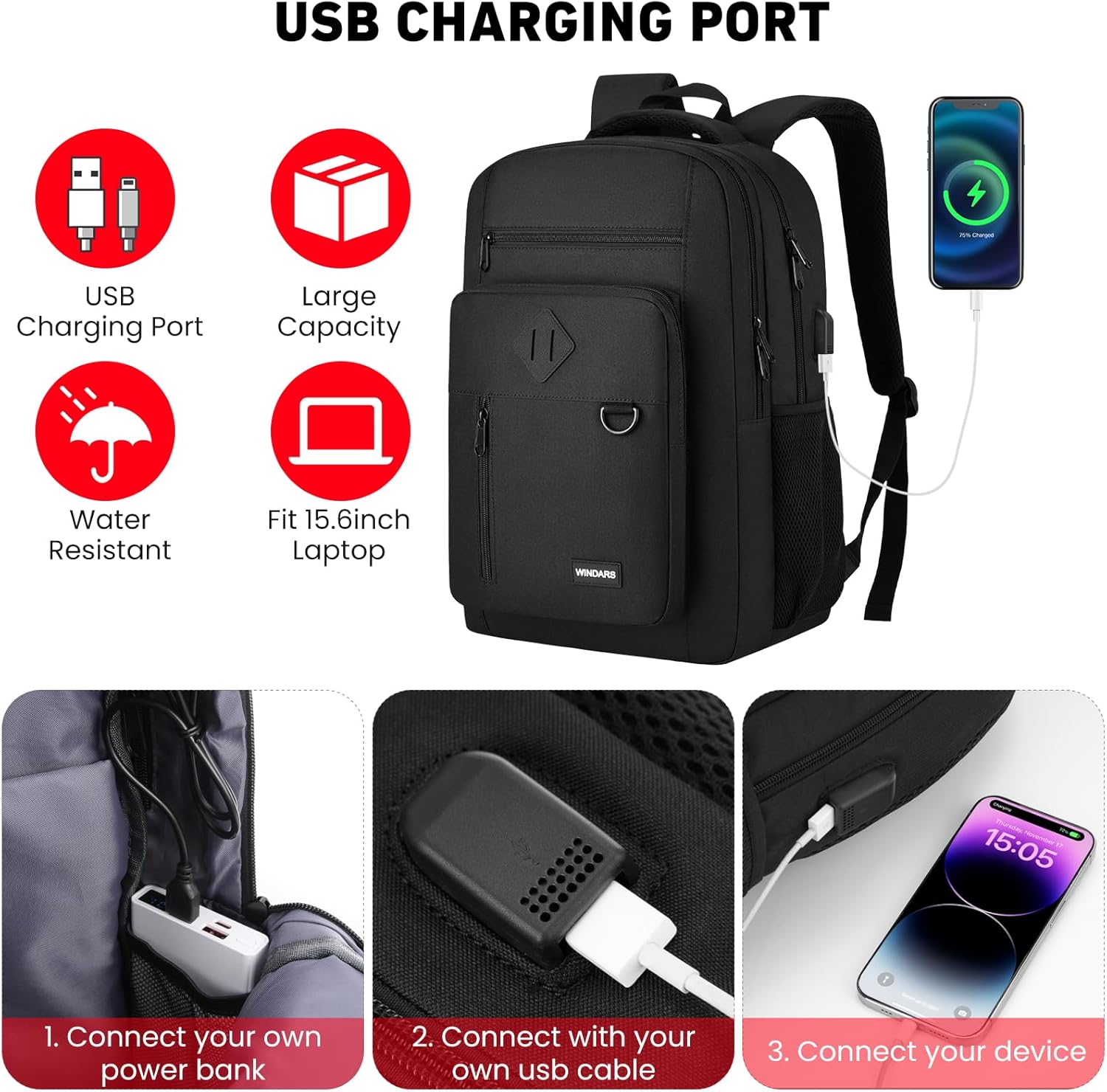 WINDARS Backpack for Men and Women, Casual School Backpack Teen Boys and Girls Lightweight 15.6 Inch Laptop Bookbag with USB Charger for College Work Travel (Black)