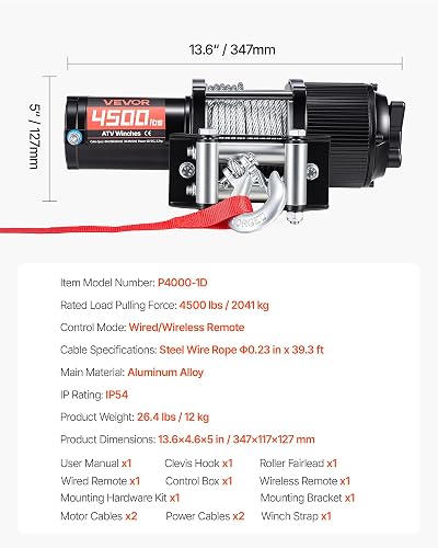VEVOR Treuil Électrique 12 V CC 2041 kg Treuil pour Quad SSV Tout-terrain Remorquage, Câble en Acier 6 mm x 12 m, Télécommande sans Fil et Filaire, Étanche IP54, avec Platine et Guide-câble à Rouleaux - 7