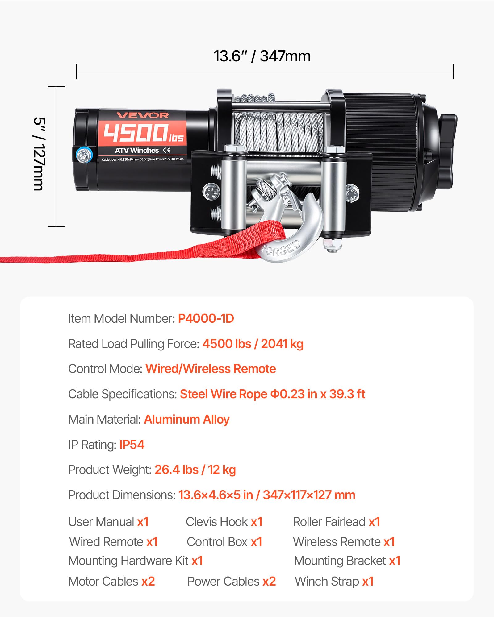 VEVOR Verricello Elettrico con Cavo da 2041 kg, Verricello Elettrico da 12 V CC per ATV/UTV con Cavo in Acciaio Ø 6 mm x 12 m, Telecomando Wireless e Cablato, Protezione IP54, per Recupero Stradale