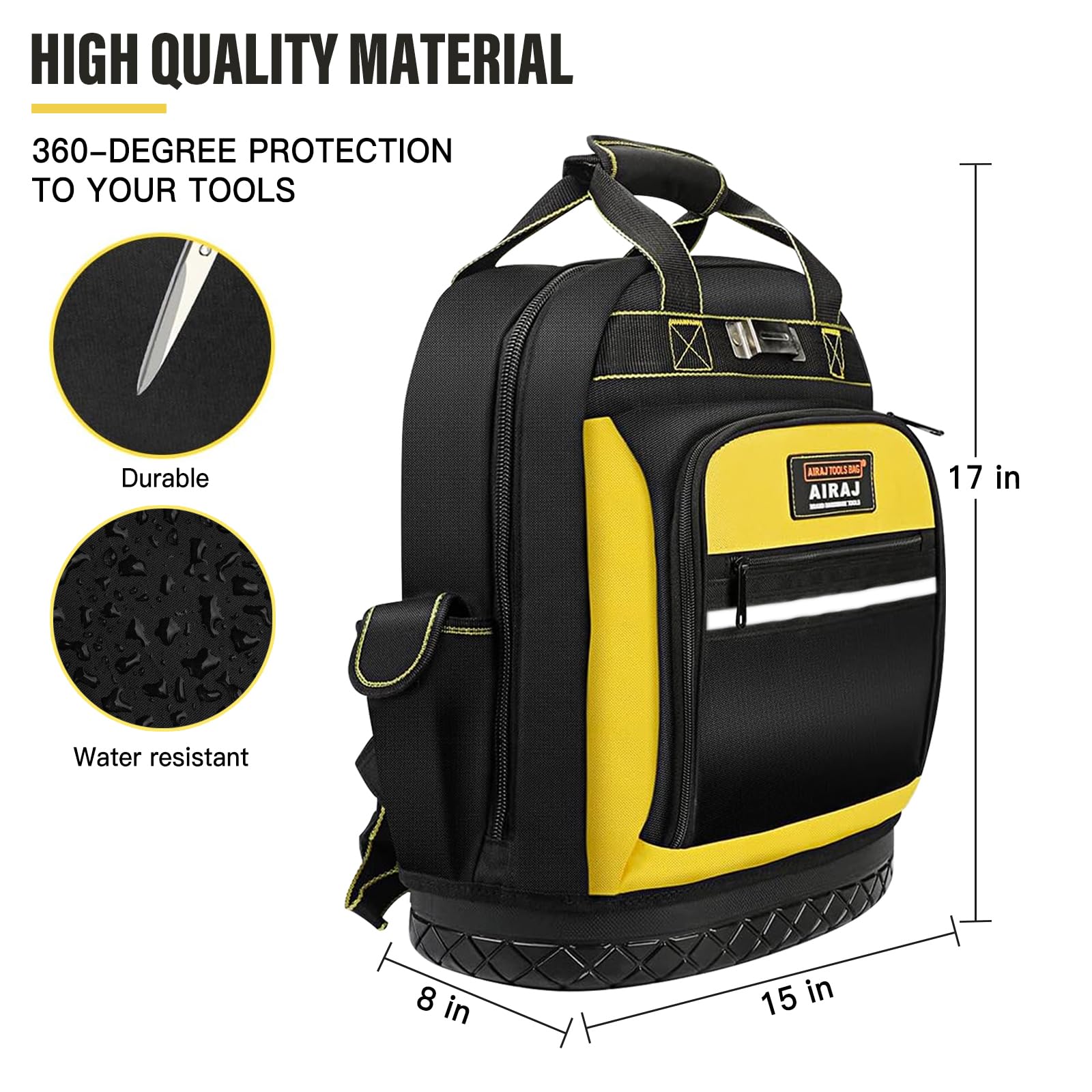 AIRAJ Heavy Duty Tool Backpack,17 Inch Tool Bag Backpack with Waterproof Molded Hard Base,Durable Tool Bag with Reinforced Stitching,Waist-Support,Work backpack for Industrial,Electrician,Construction