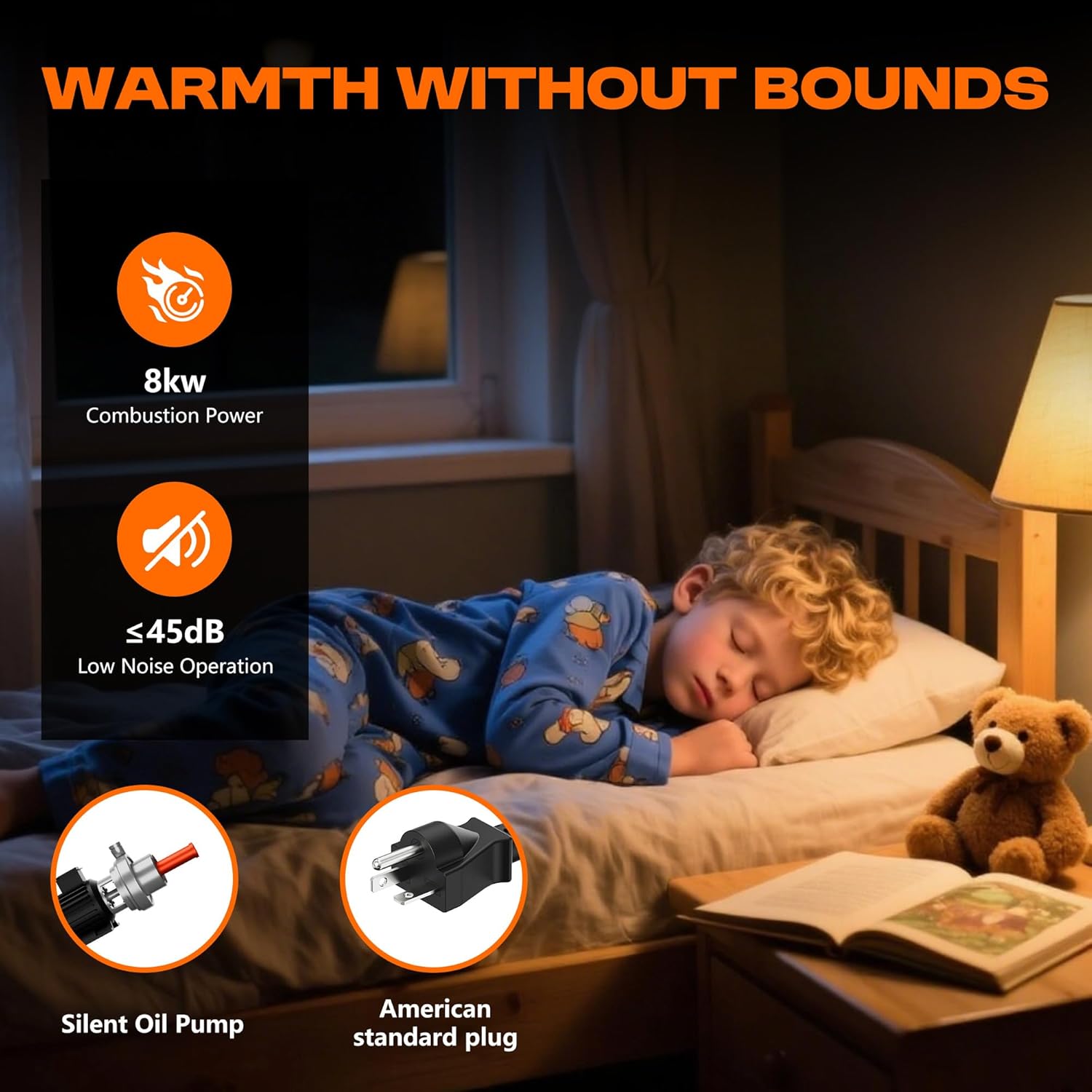 Image showing a child sleeping peacefully in a bedroom with the POXURIO diesel heater operating quietly in the background, emphasizing its low noise level.