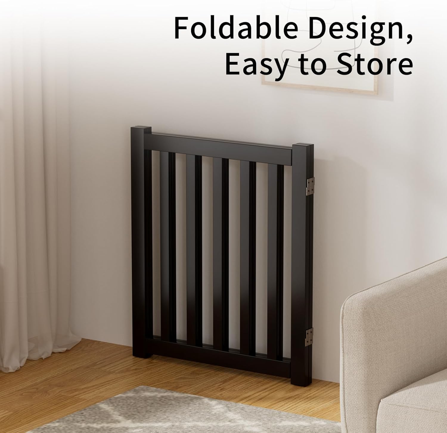 2-Panel Solid Wood Dog Gate - Freestanding Folding Pet Gate for Doorways, Stairs, Indoor, 24" Height, No Installation Needed, Black