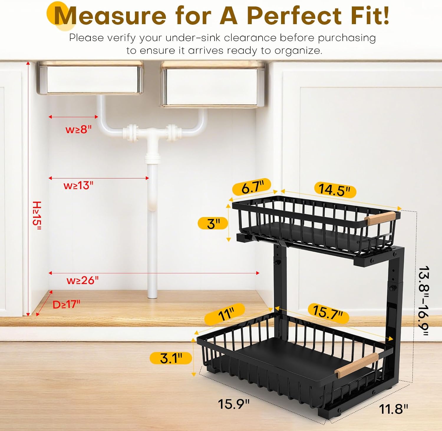 Under Sink Organizer, Heavy-Duty & Rust-Resistant Carbon Steel Metal, 2 Tier Pull Out Under Bathroom Sink Storage, Adjustable Height (13.8" -16.9"), Organizer for Kitchen Cabinet(2PCS,Black) - Image 2
