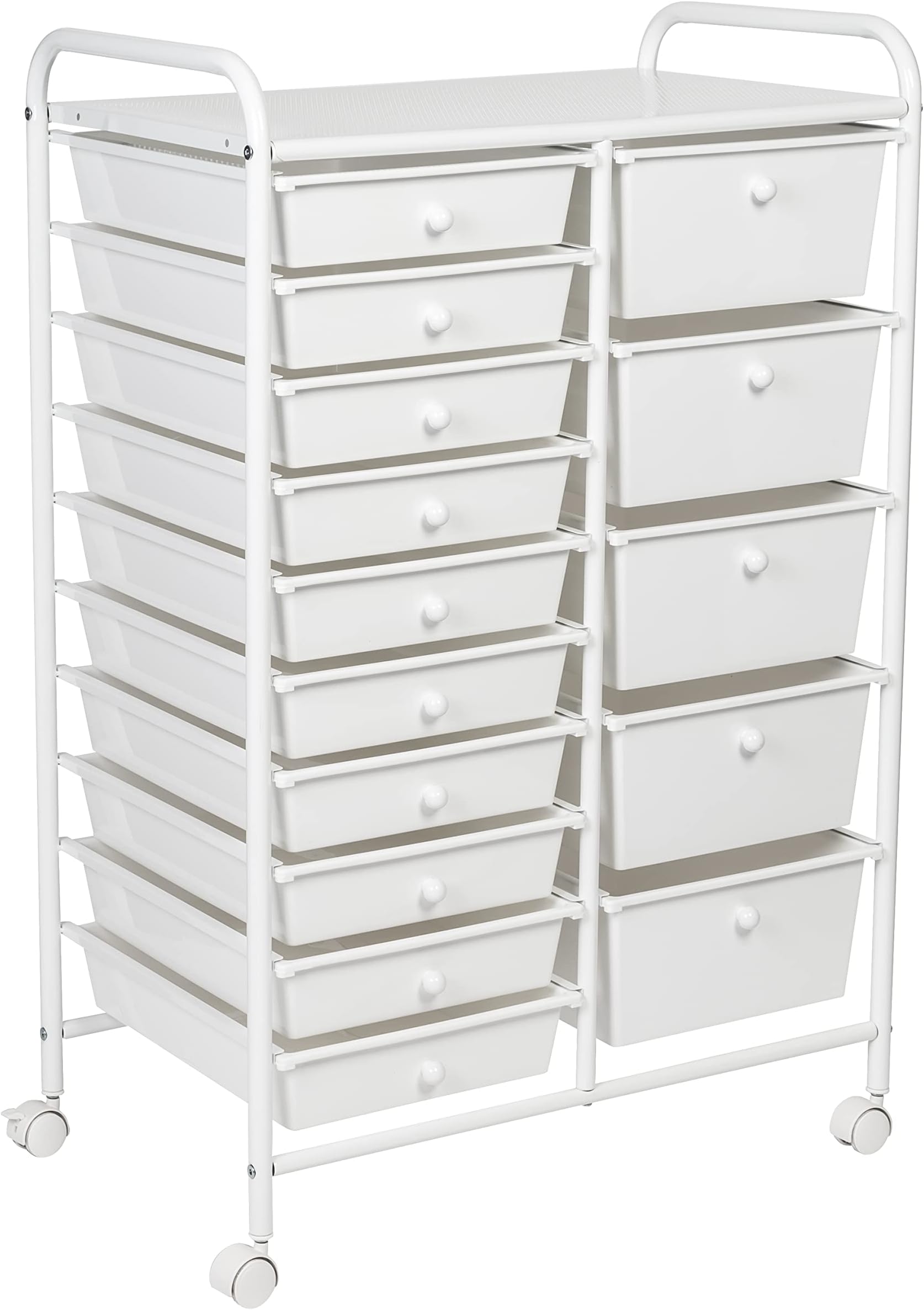 15-Drawer Metal Rolling Storage Cart, White Steel Multi-Purpose Organizer with Wheels, Heavy Duty Mobile Utility Trolley for Home Office, School, and Craft Supplies