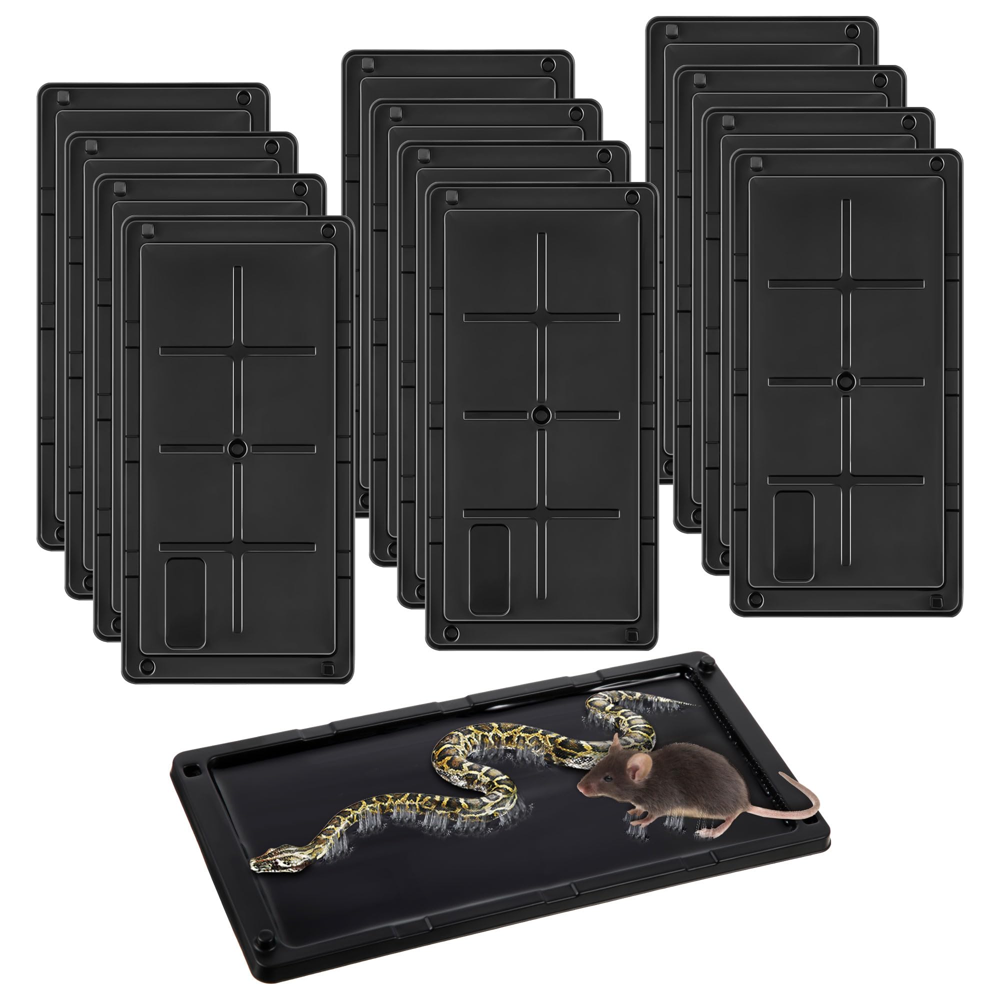 Qualirey 12 Pack Glue Traps for Rats and Snakes, Larger and Heavy Duty Baited Sticky Traps with Non Toxic Glue, Exterminator Plastic Mouse Indoor Board, Ready to Use, Safe to Children and Pets (Black)
