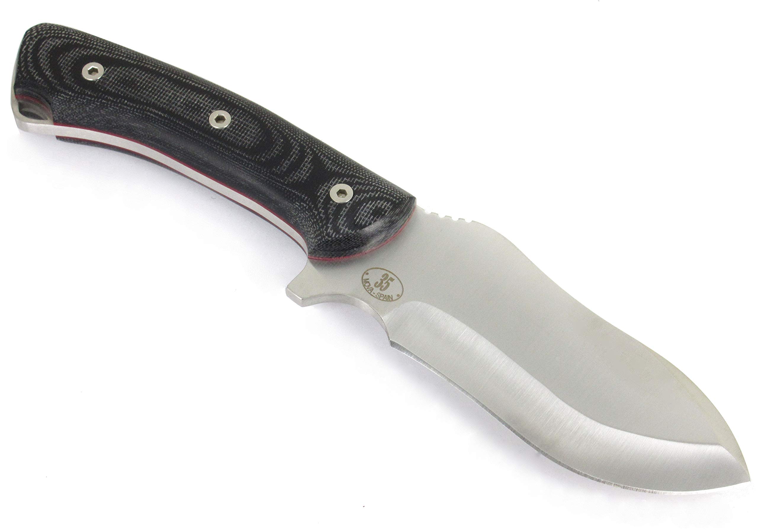 JEO-TEC Nº35 Nóż Bushcraft, nóż do paska na zewnątrz, nóż myśliwski, nóż survivalowy wielofunkcyjny , stałe ostrze, MOVA-58, z naturalna skorzana osłona + krzesiwo + ostrzalka do noży , recznie robiony w Hiszpanii