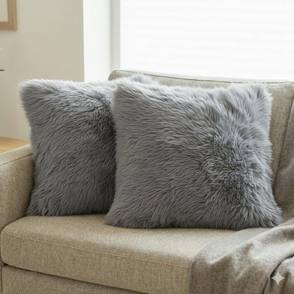 Nordic Sheep Sheepskin Cushion Covers 50x50 cm | Durable New Zealand Long-Hair for a Nordic Style | Perfect Fluffy Pillows for Sofa, Chair & Bed | Color: Light Grey