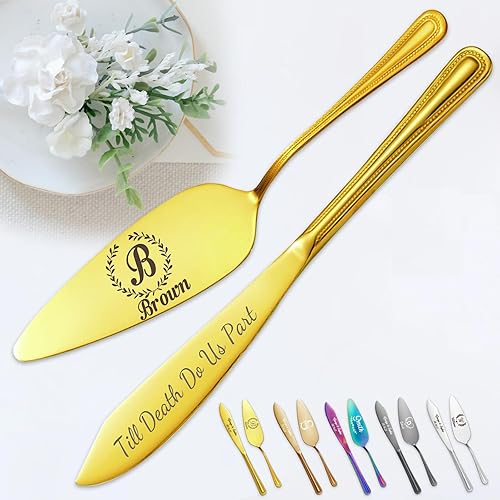 Juego personalizado de corte de pasteles para boda, servidor de pastel de boda grabado gratis, cuchillo de pastel de acero inoxidable y juego de