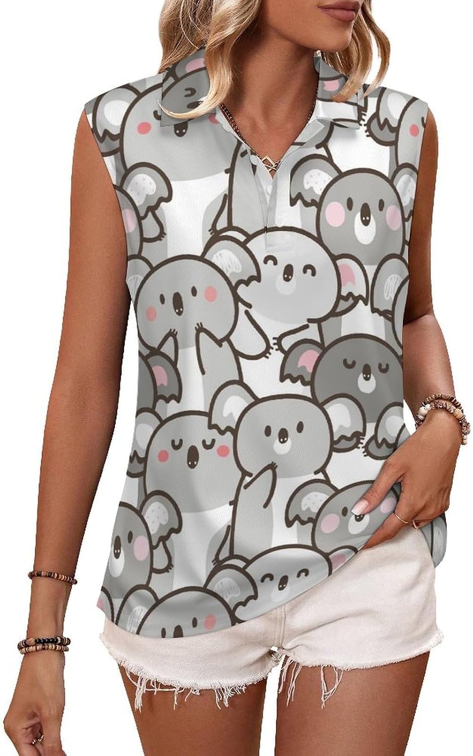Cartoon Cute Koala Bear Golf Shirts for Women V Neck Tennis Polo Tank Tops Blouses Sleeveless T-Shirts