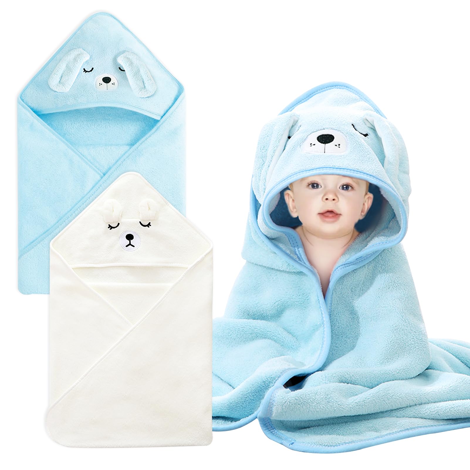 YJSDDNTY 2 Stück Weiches Baby Handtuch mit Kapuze Flauschiges Korallenvlies Weich Super SaugfähigBadehandtuch für Weich, Absorbierend,Blau Weiß (80x80 cm)