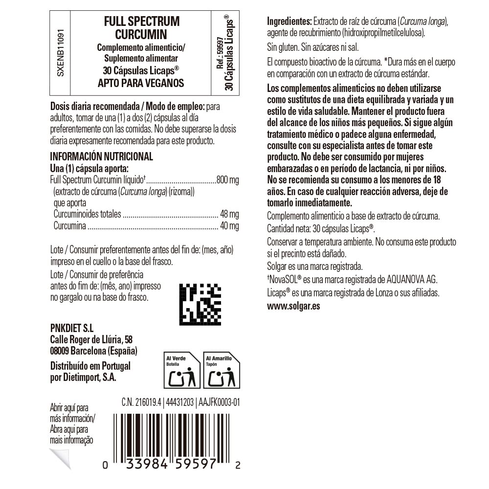 Solgar | Full Spectrum Cúrcuma | Alta Absorción y Biodisponibilidad | Apoyo Articulaciones y Movilidad, Antioxidante Natural, Bienestar Digestivo y Defensas | 30 Cápsulas Blandas