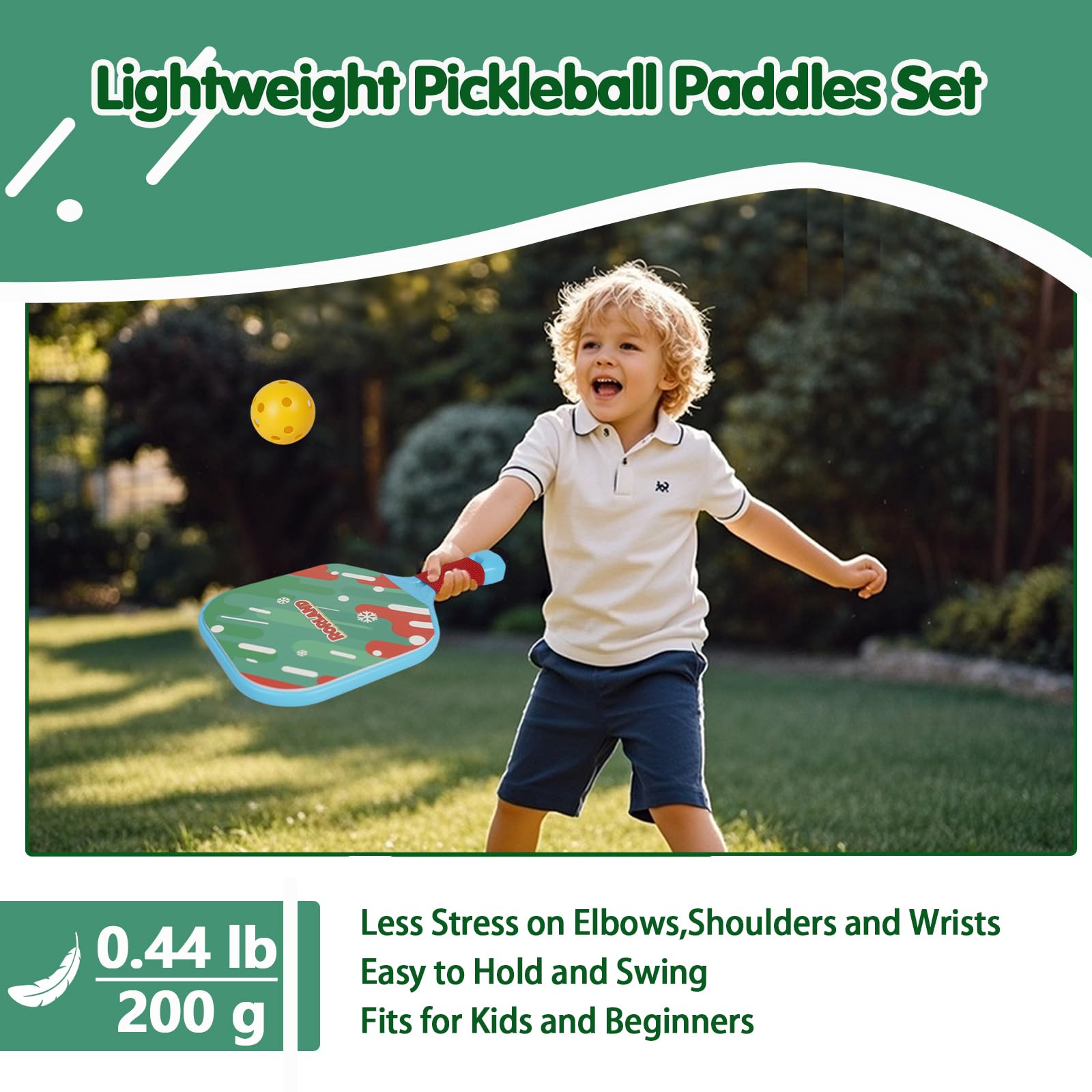 Set Pickleball: 2 Racchette e 4 Palline per Bambini, Peso Leggero 200g, Impermeabile. Per Giardino, Spiaggia, Piscina. Regalo per Principianti