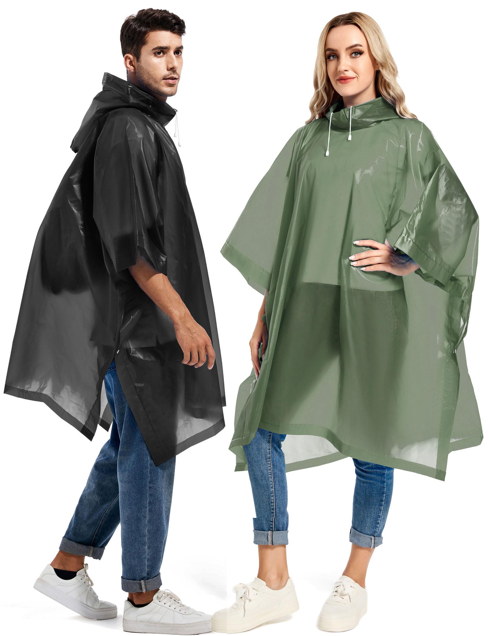 Borogo 2 Pack Rain Ponchos for Adults Reusable - Raincoats Survival Emergency Heavy Duty Rain Coat with Drawstring Hood