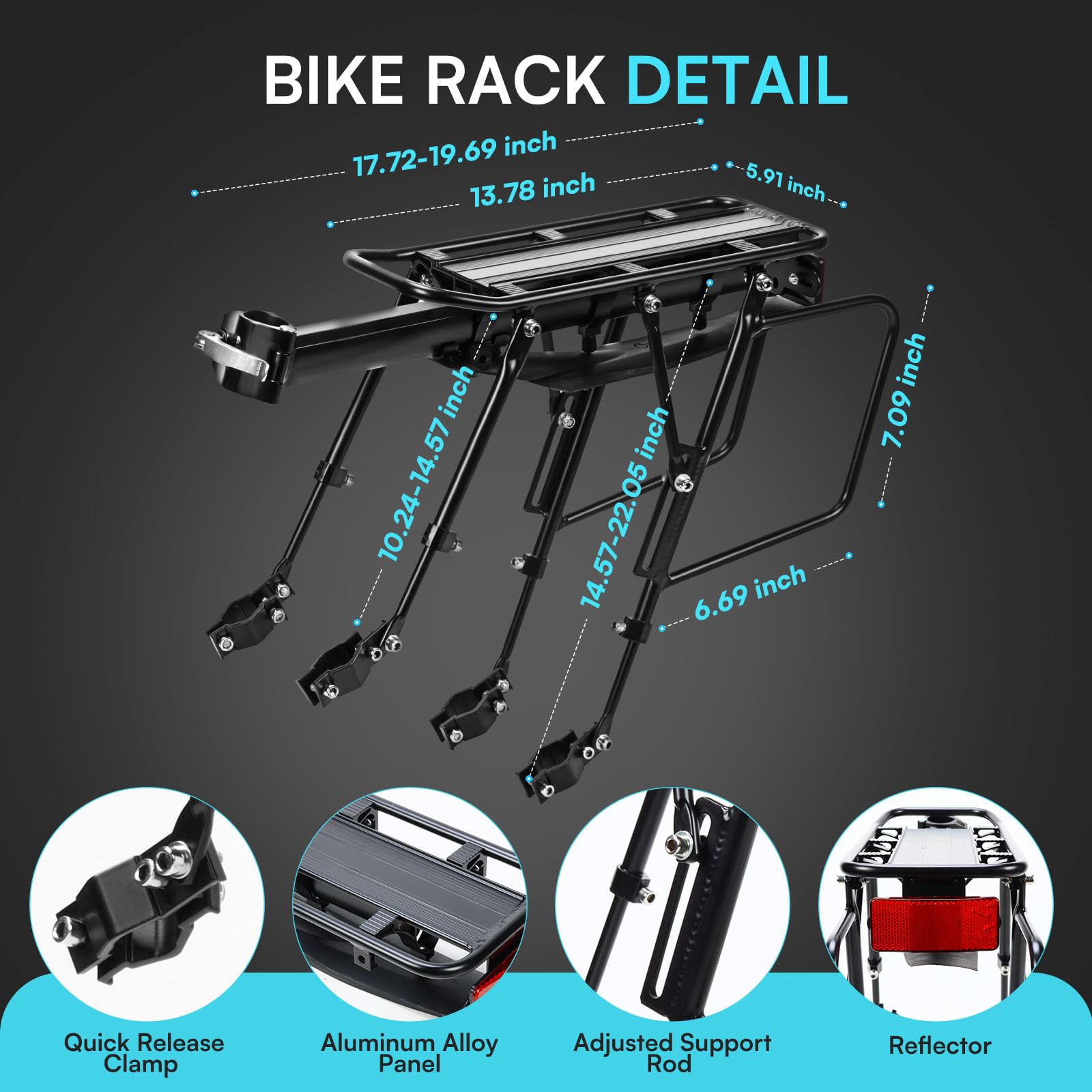 PIREKZUNT Rear Bike Rack, 300 LB Capacity Quick Release Bike Cargo Racks with Mudguard and Reflective, Adjustable Aluminum Alloy Bike Carrier Rack for 26