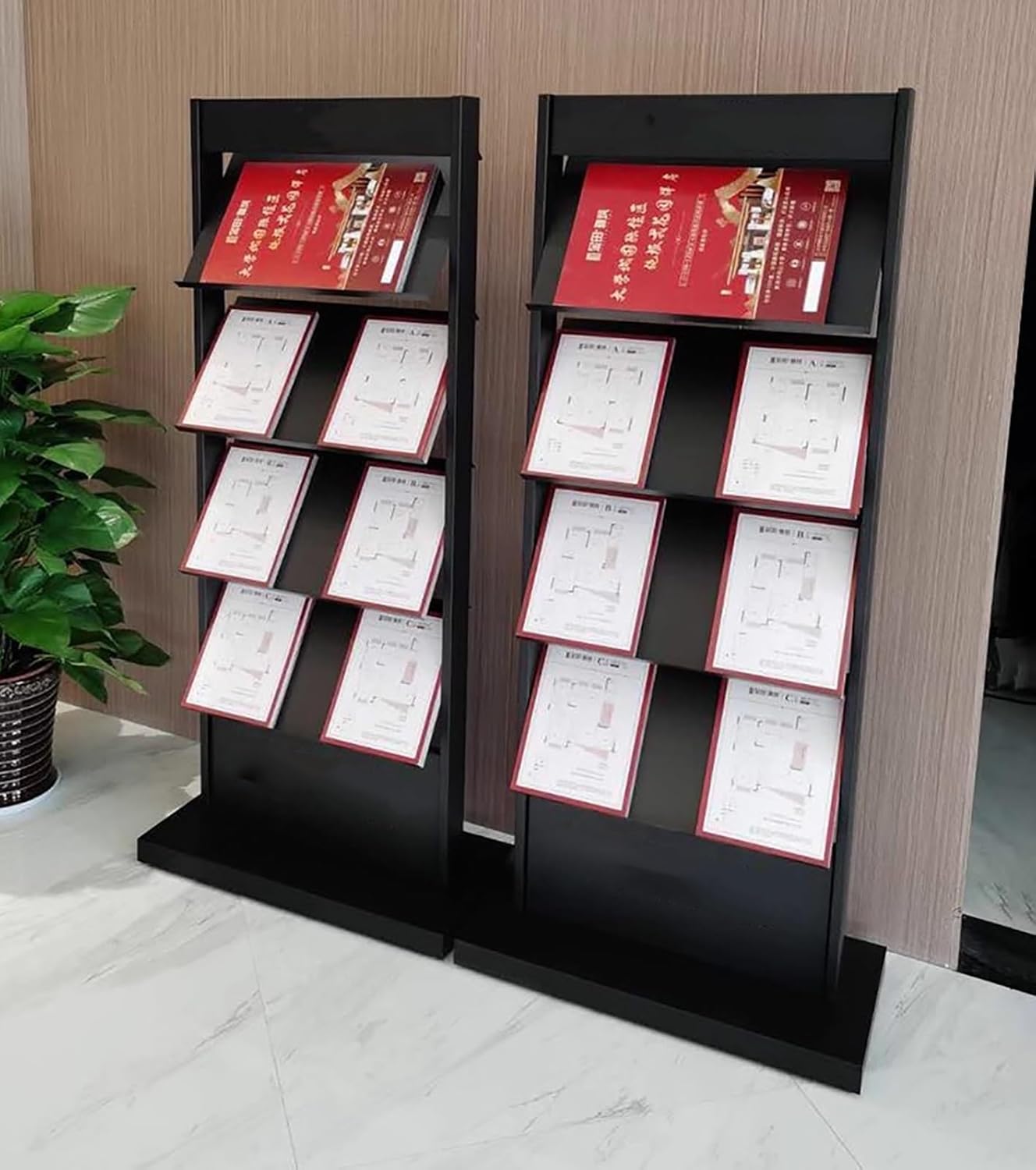 Brochures Holder Documents Storage Rack Magazine Display Stands, Freestanding Large Capacity Modern Journals Leaflet Holders for Trade Show/ 4S Stores/Offices (Black 61IN)