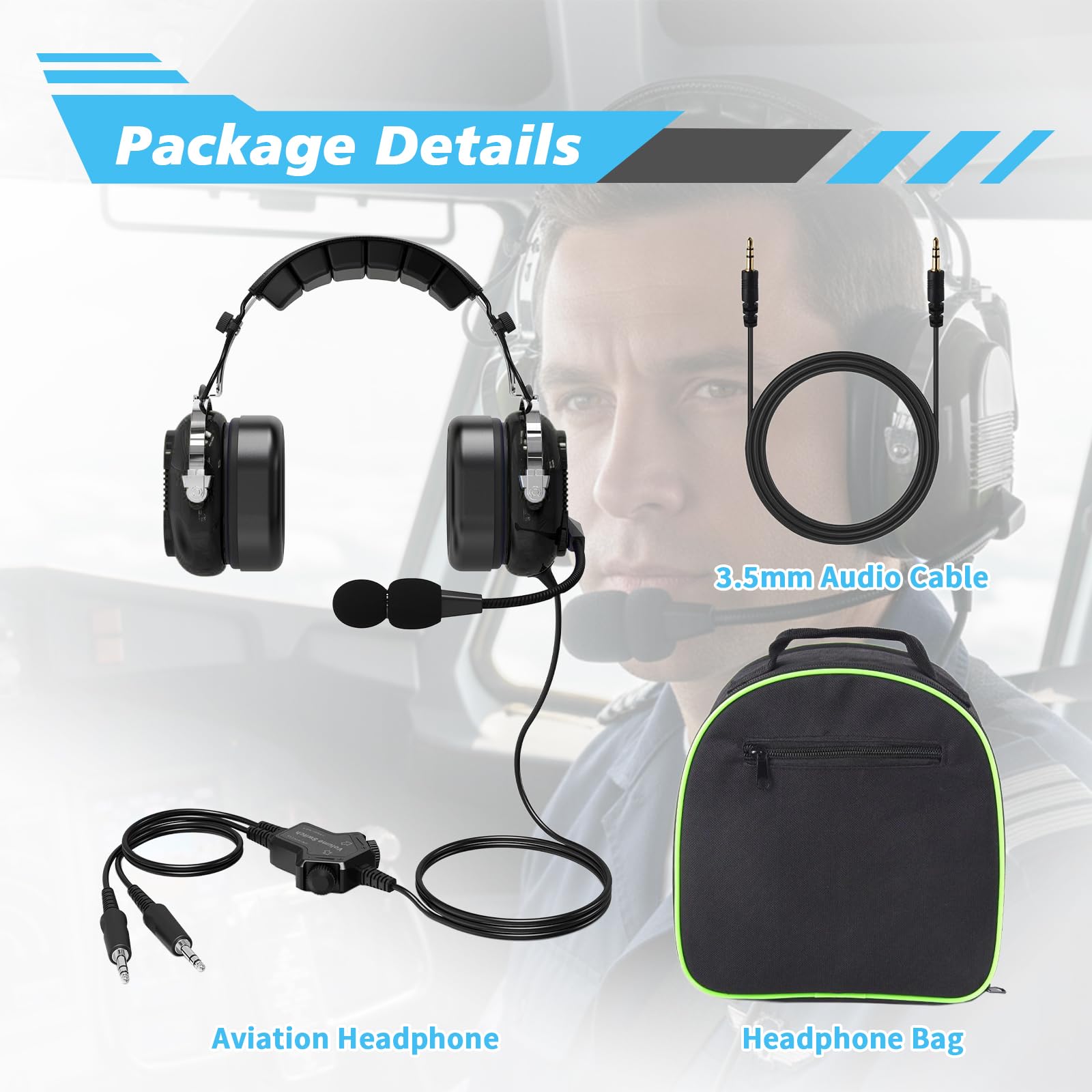 WODASEN General Aviation Headset GA Dual Plug Pilot Headsets mit Galgenmikrofon Flugzeug Noise Cancelling GA Stecker (Schwarz)